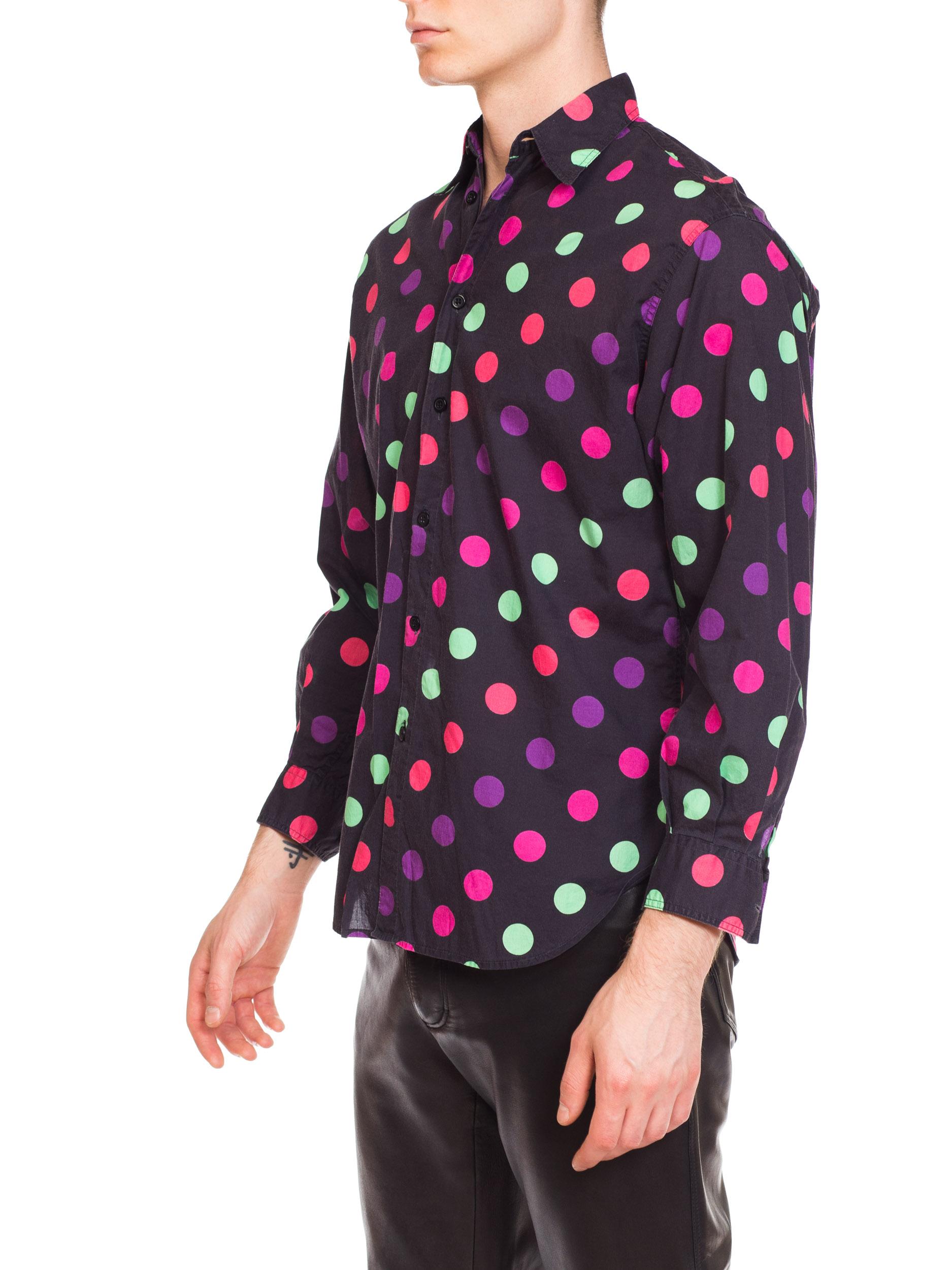 1990S VERSUS BY GIANNI VERSACE Cotton Men's Neon Polka Dot Shirt Sz 44 In Excellent Condition In New York, NY