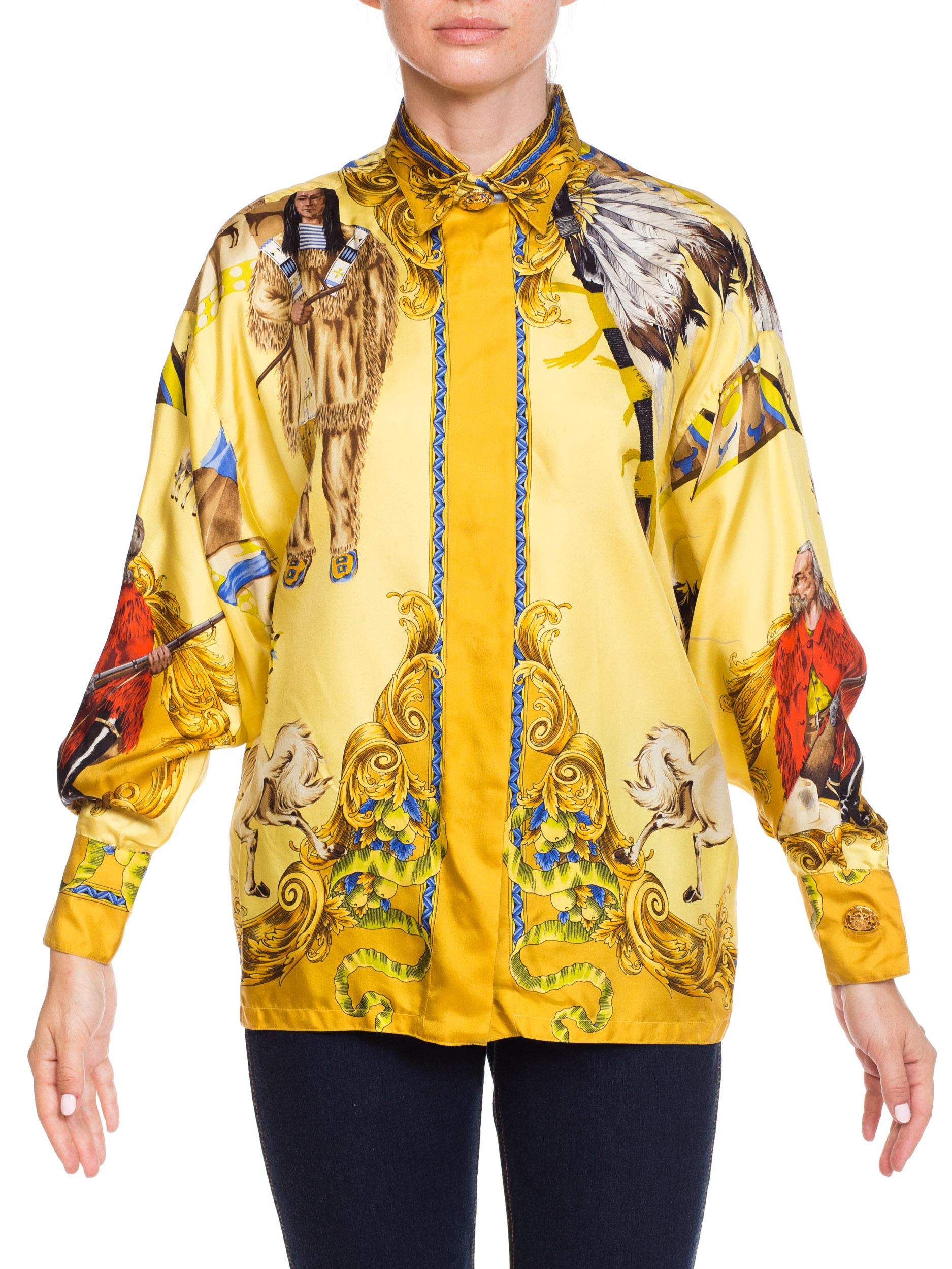 1990S GIANNI VERSACE Pale Yellow Silk Buffalo Bill Native American Print Shirt Sz 42