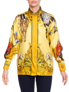 1990S GIANNI VERSACE Pale Yellow Silk Buffalo Bill Native American Print Shirt