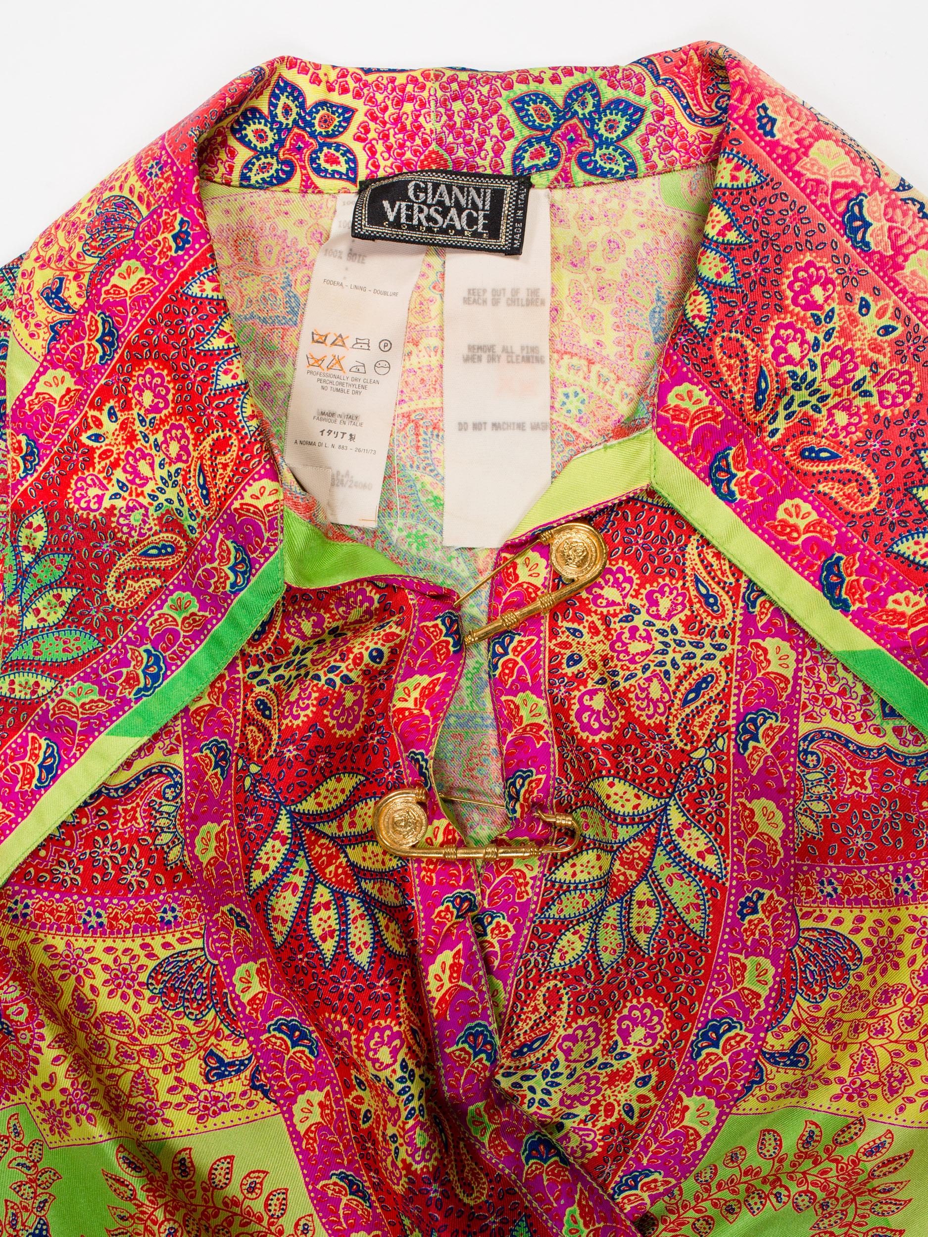 1990S GIANNI VERSACE Paisley Silk Punk Safety Pin Collection Blouse Sz 40 1