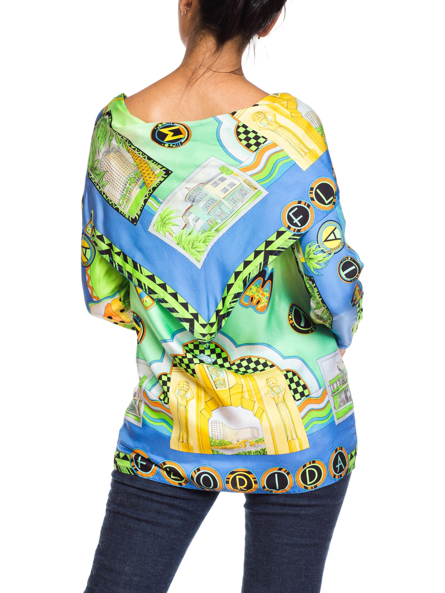1990S GIANNI VERSACE Printed Silk Miami Beach Art Deco Hotel  Blouse In Excellent Condition In New York, NY