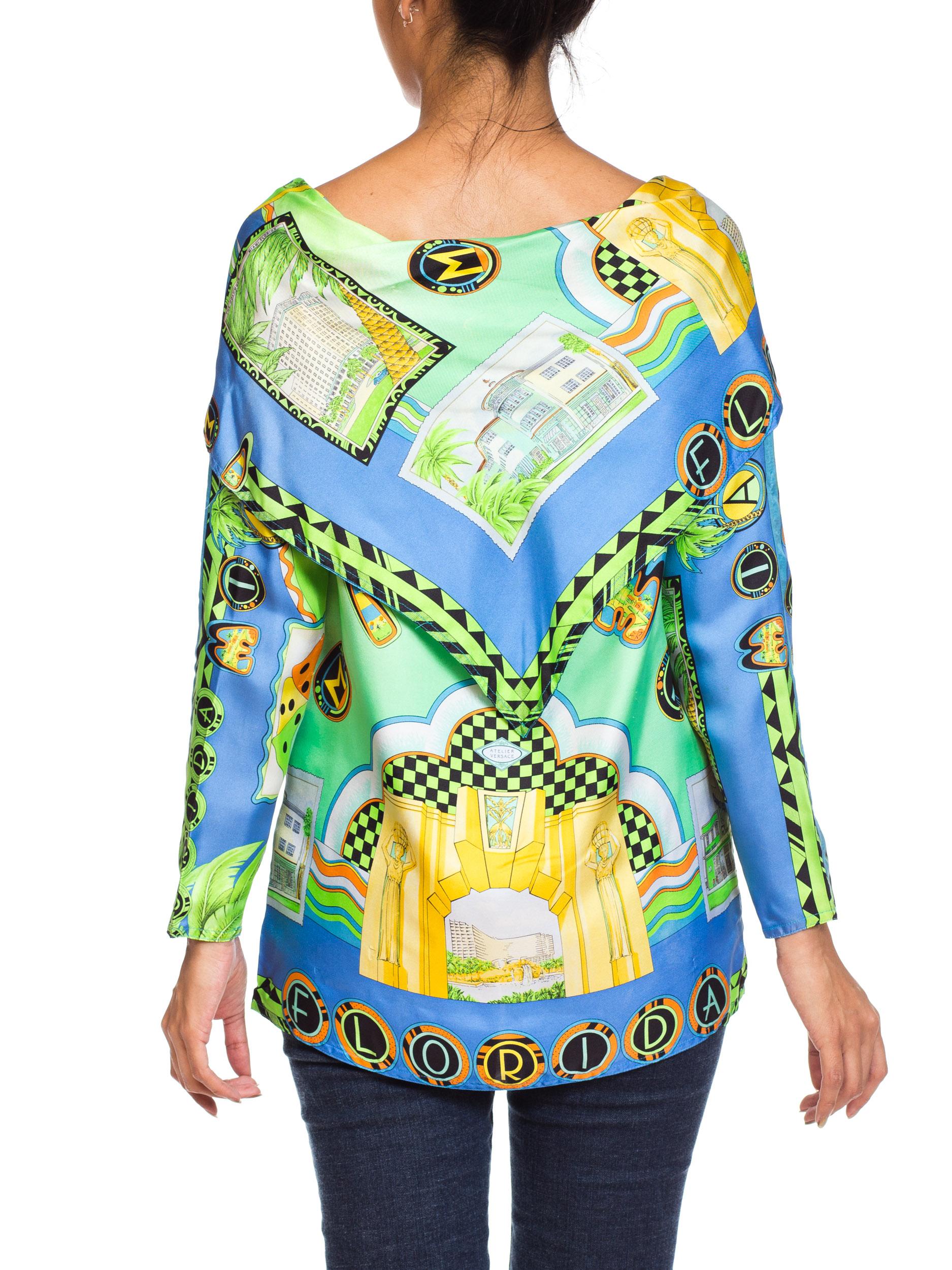 Women's 1990S GIANNI VERSACE Printed Silk Miami Beach Art Deco Hotel  Blouse