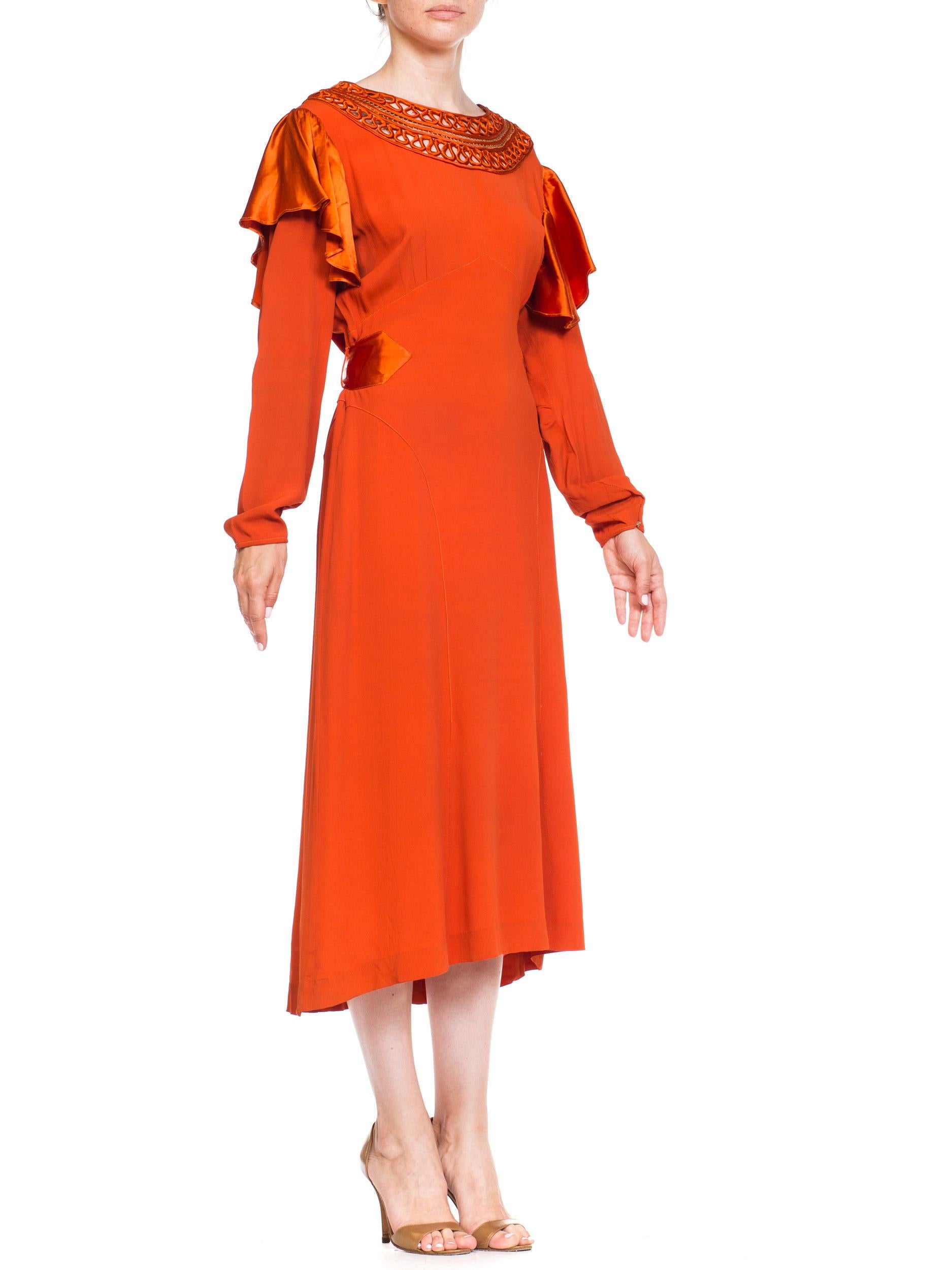 1930S Burnt Orange Rayon & Silk Crepe Satin Long Sleeve Dress With Adjustable Waist Sash Handmade Neckline, XL