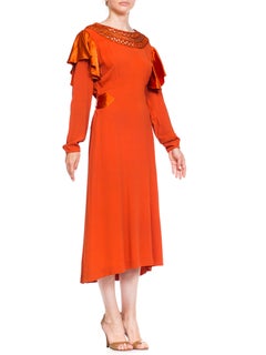 1930S Burnt Orange Rayon & Silk Crepe Satin Long Sleeve Dress With Adjustable W