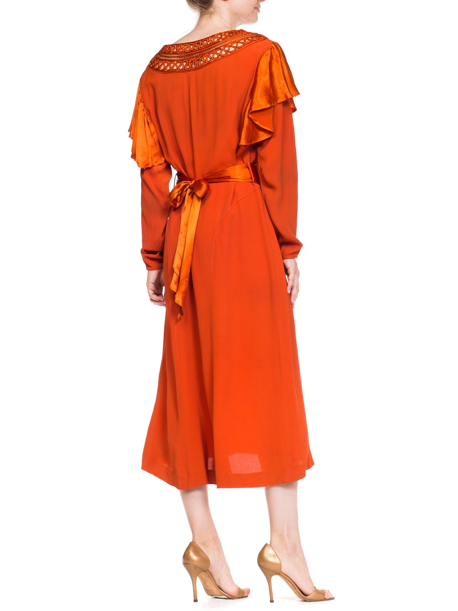 Red 1930S Burnt Orange Rayon & Silk Crepe Satin Long Sleeve Dress With Adjustable W For Sale