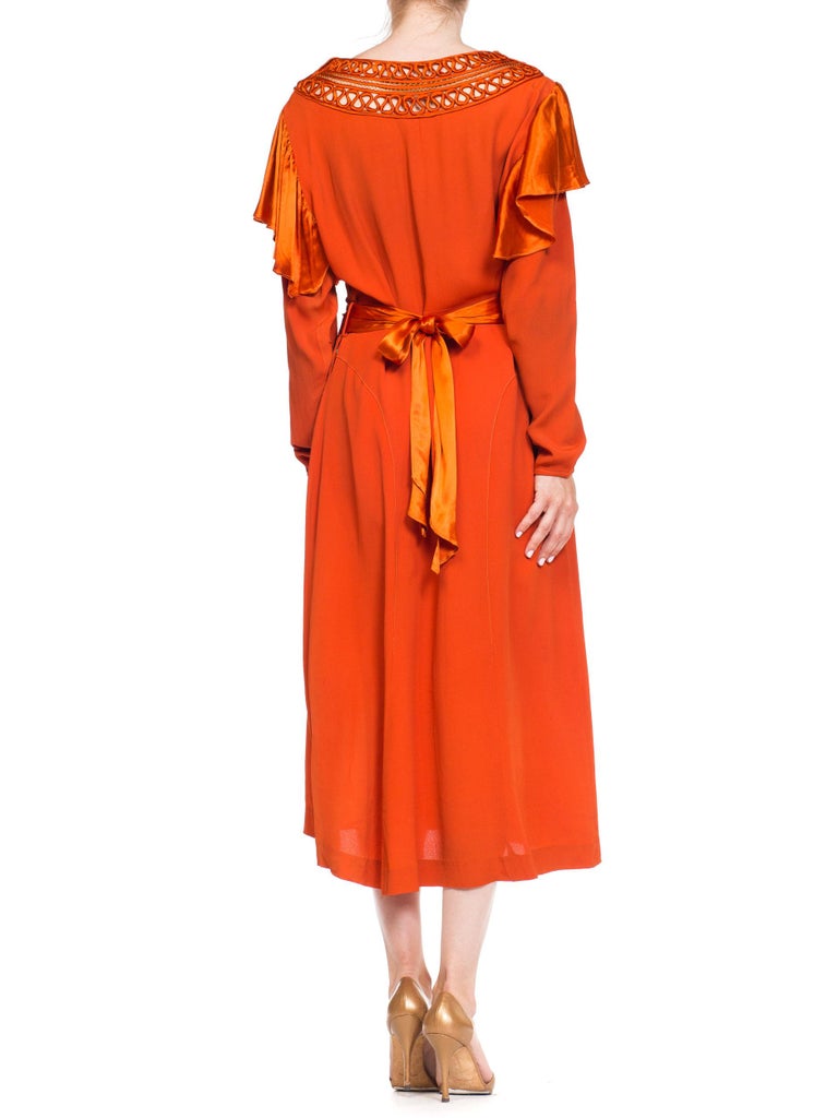 chinese dress ladies 1930s Burnt Orange Rayon & Silk Crepe Satin Long Sleeve Dress with Adjustable Waist Sash Handmade Neckline, XL