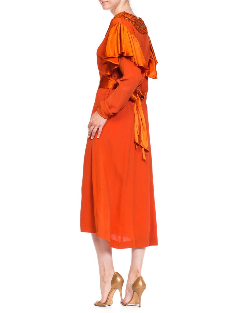 1930s Burnt Orange Rayon & Silk Crepe Satin Long Sleeve Dress with Adjustable Waist Sash Handmade Neckline, XL