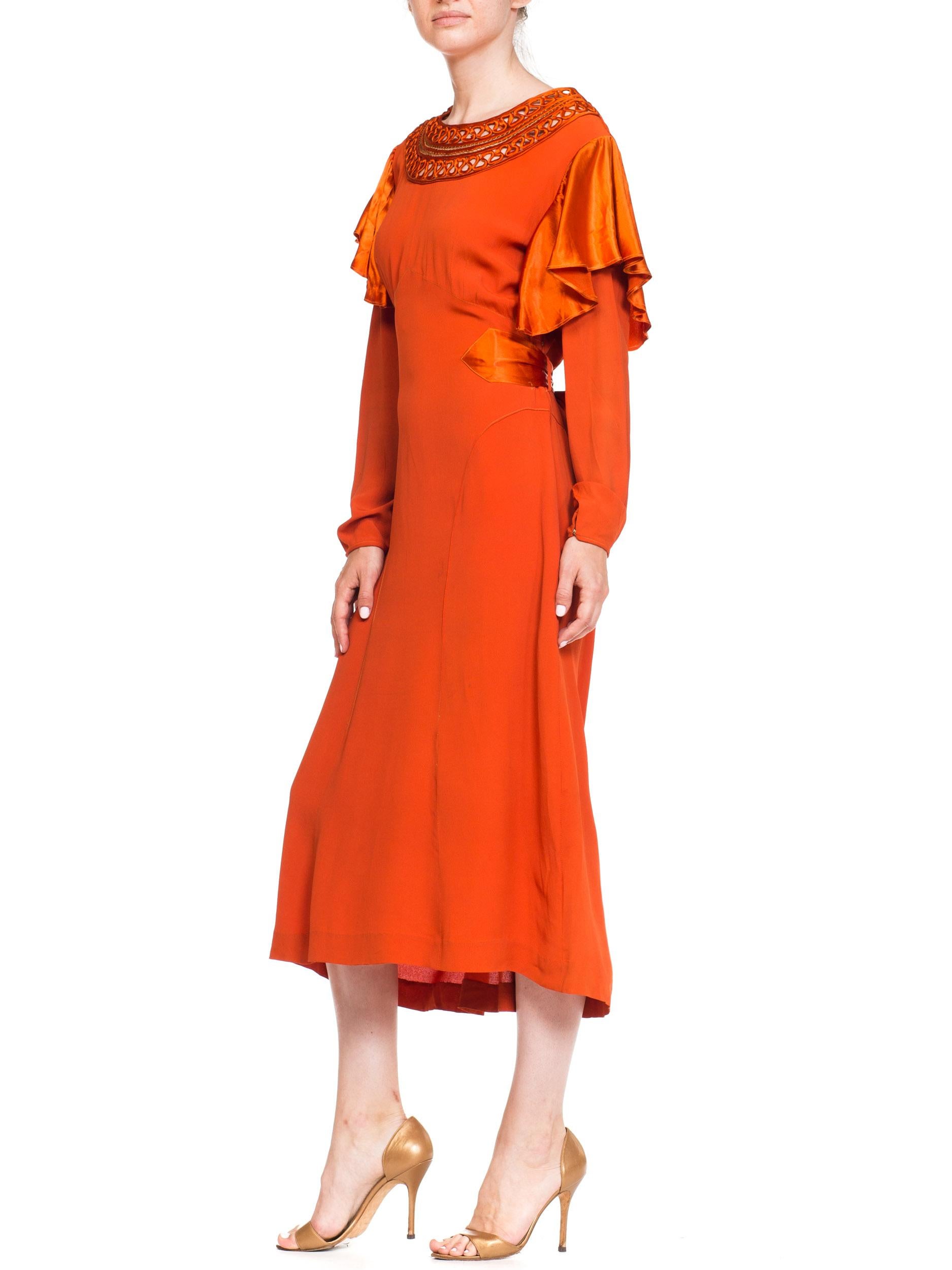 1930S Burnt Orange Rayon & Silk Crepe Satin Long Sleeve Dress With Adjustable W For Sale 1