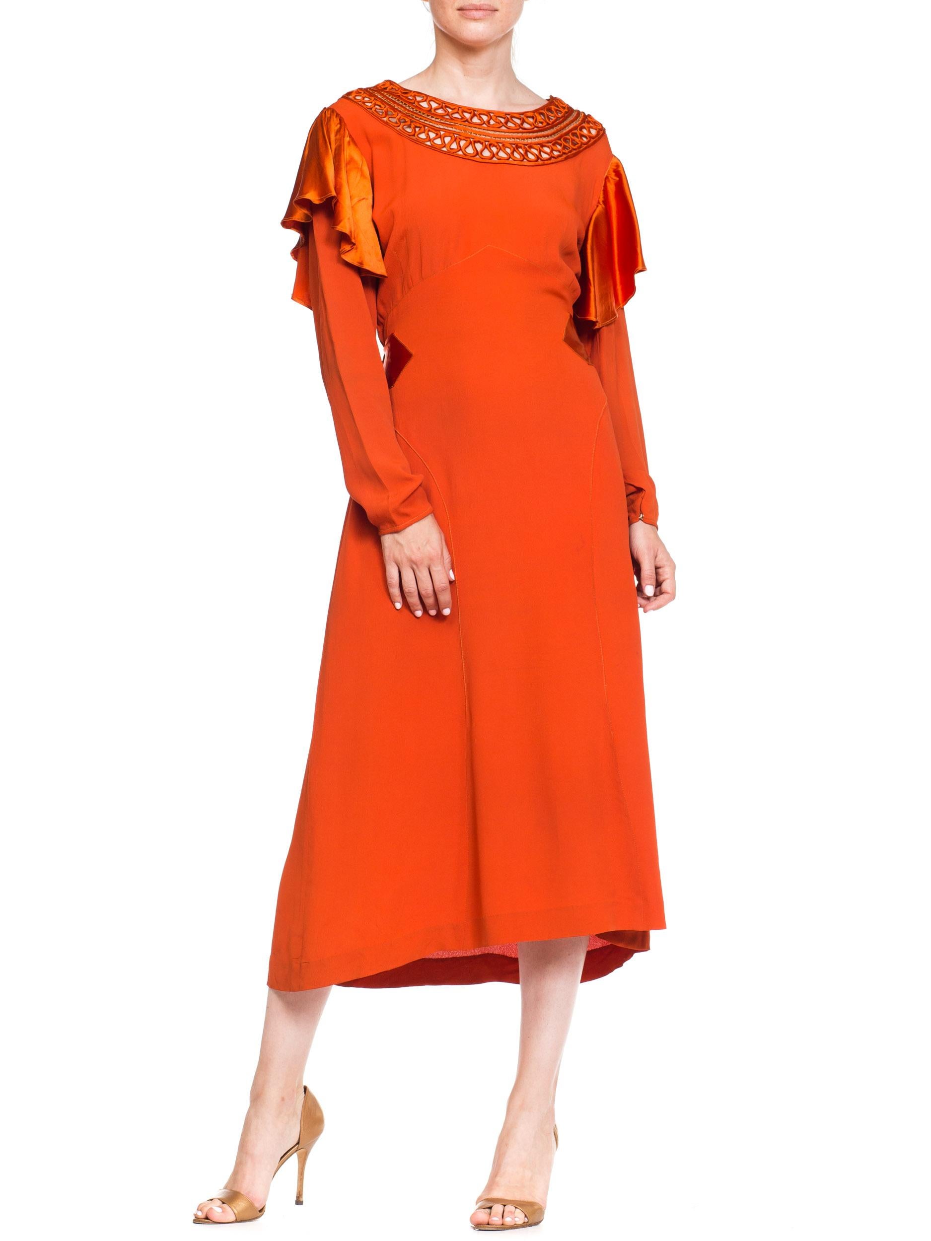 1930S Burnt Orange Rayon & Silk Crepe Satin Long Sleeve Dress With Adjustable W For Sale 2
