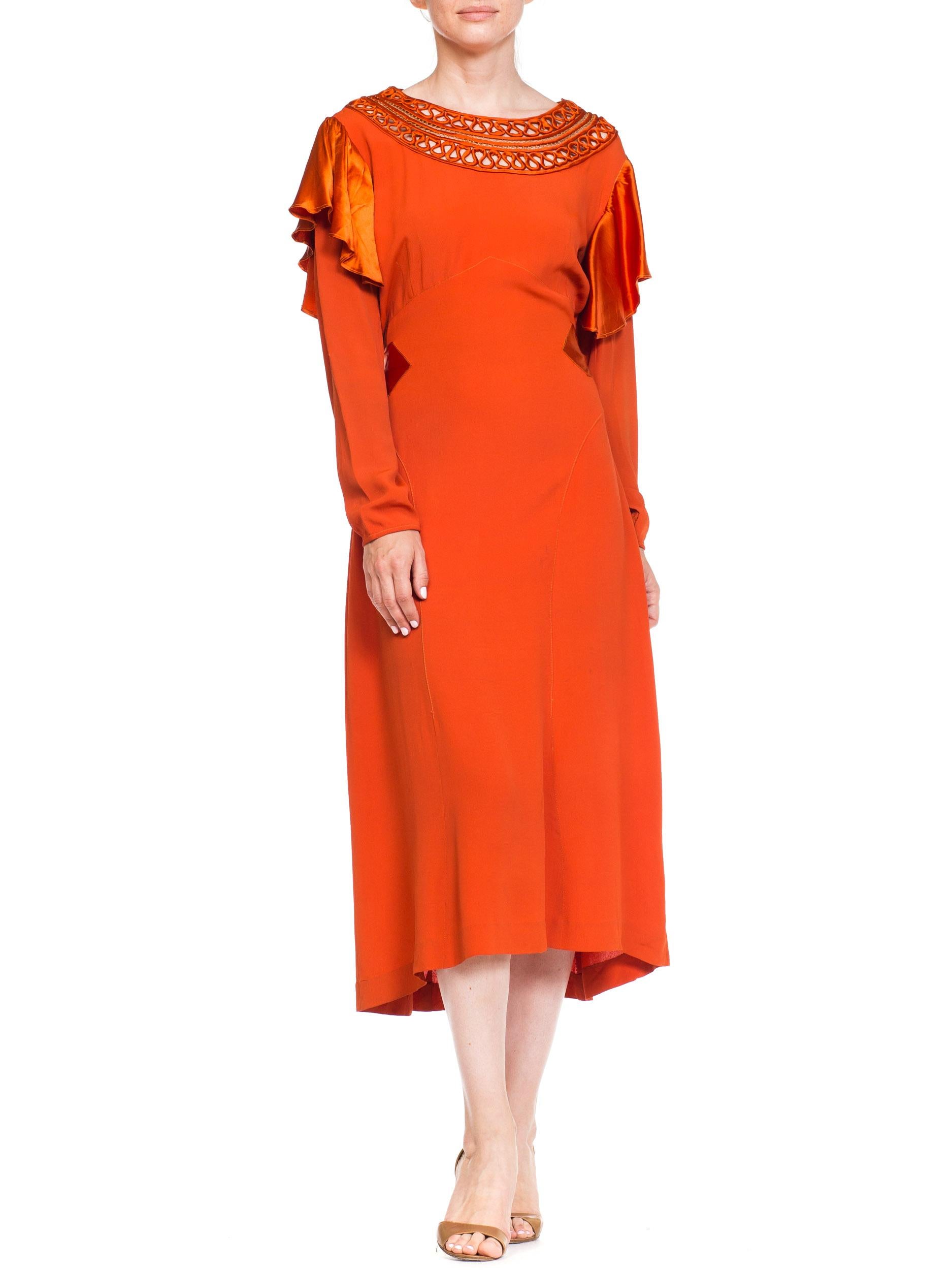1930S Burnt Orange Rayon & Silk Crepe Satin Long Sleeve Dress With Adjustable W For Sale 4