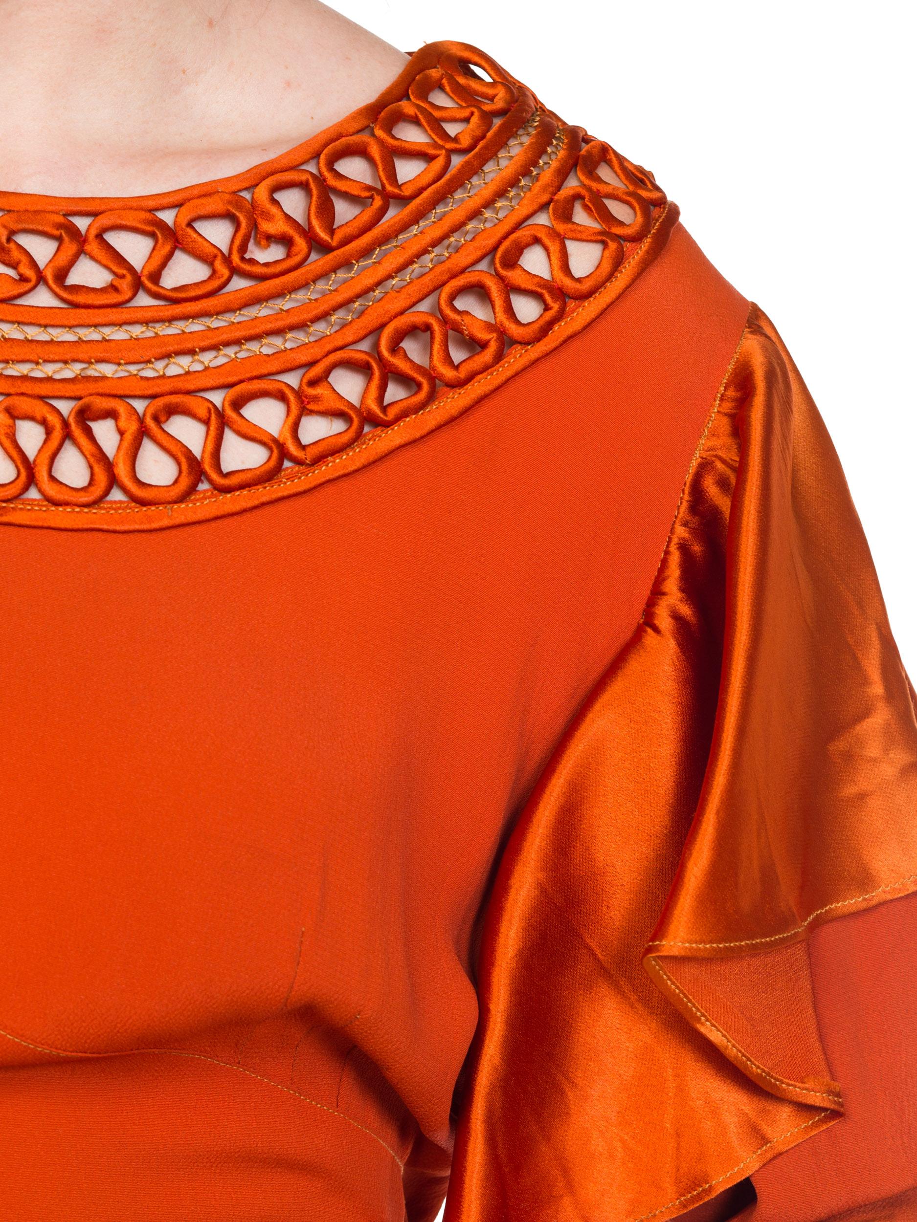 1930S Burnt Orange Rayon & Silk Crepe Satin Long Sleeve Dress With Adjustable W For Sale 5