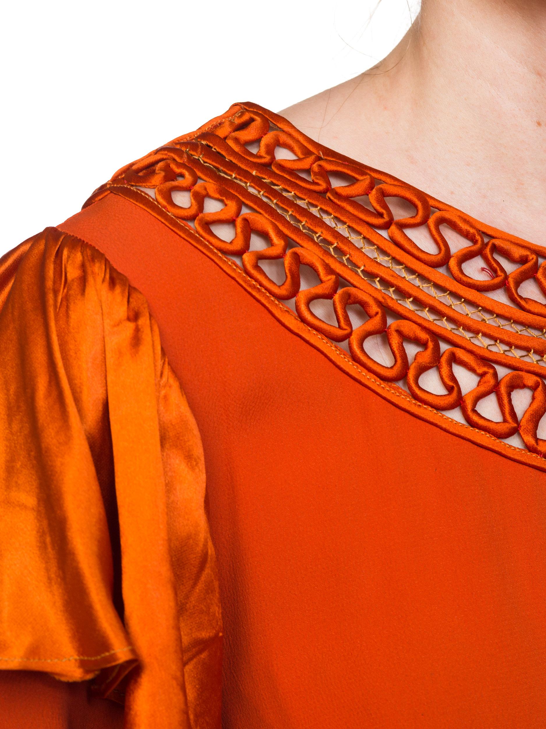 1930S Burnt Orange Rayon & Silk Crepe Satin Long Sleeve Dress With Adjustable W For Sale 6