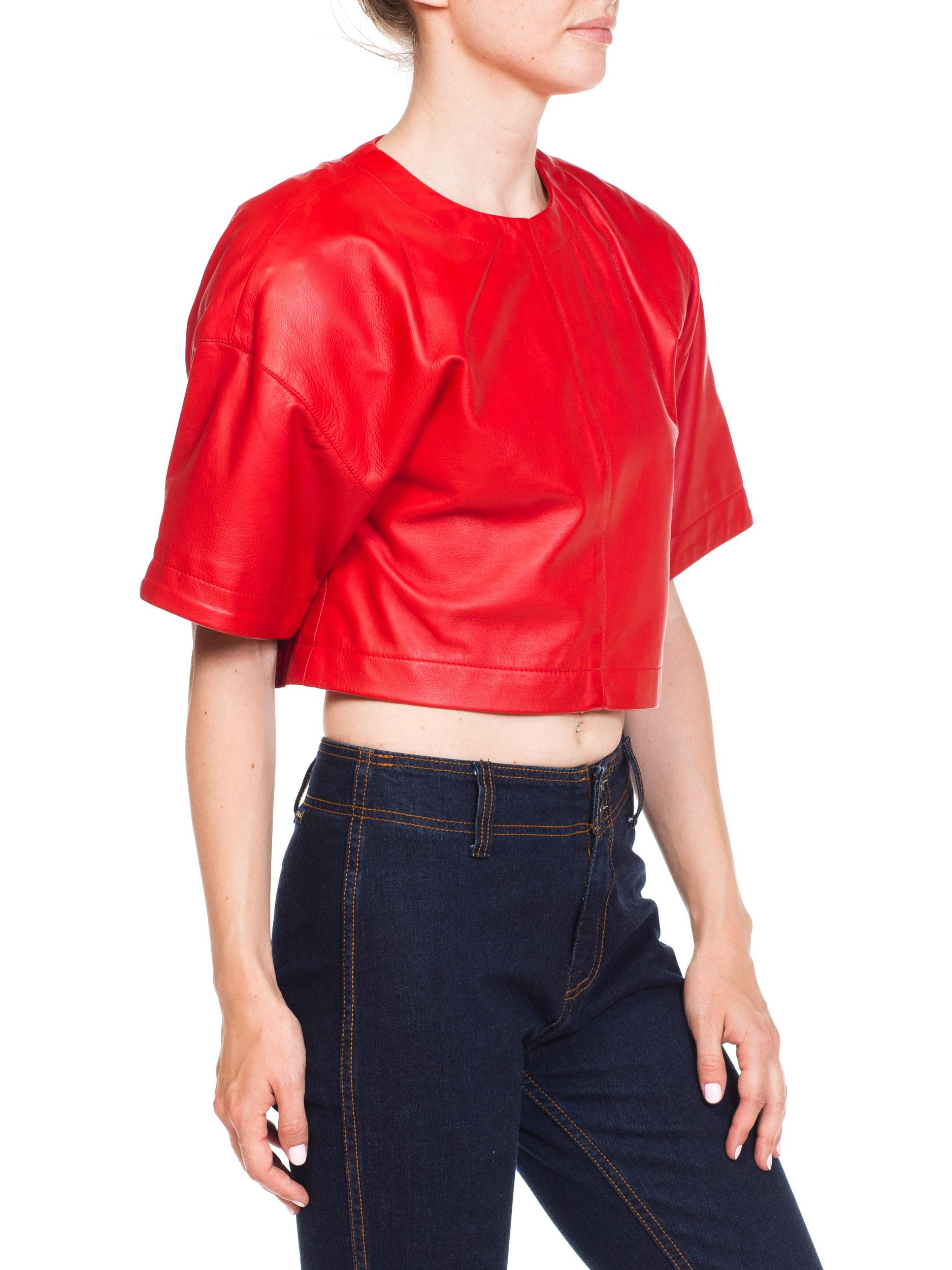 Women's 1980s Red Leather Oversized Crop Top