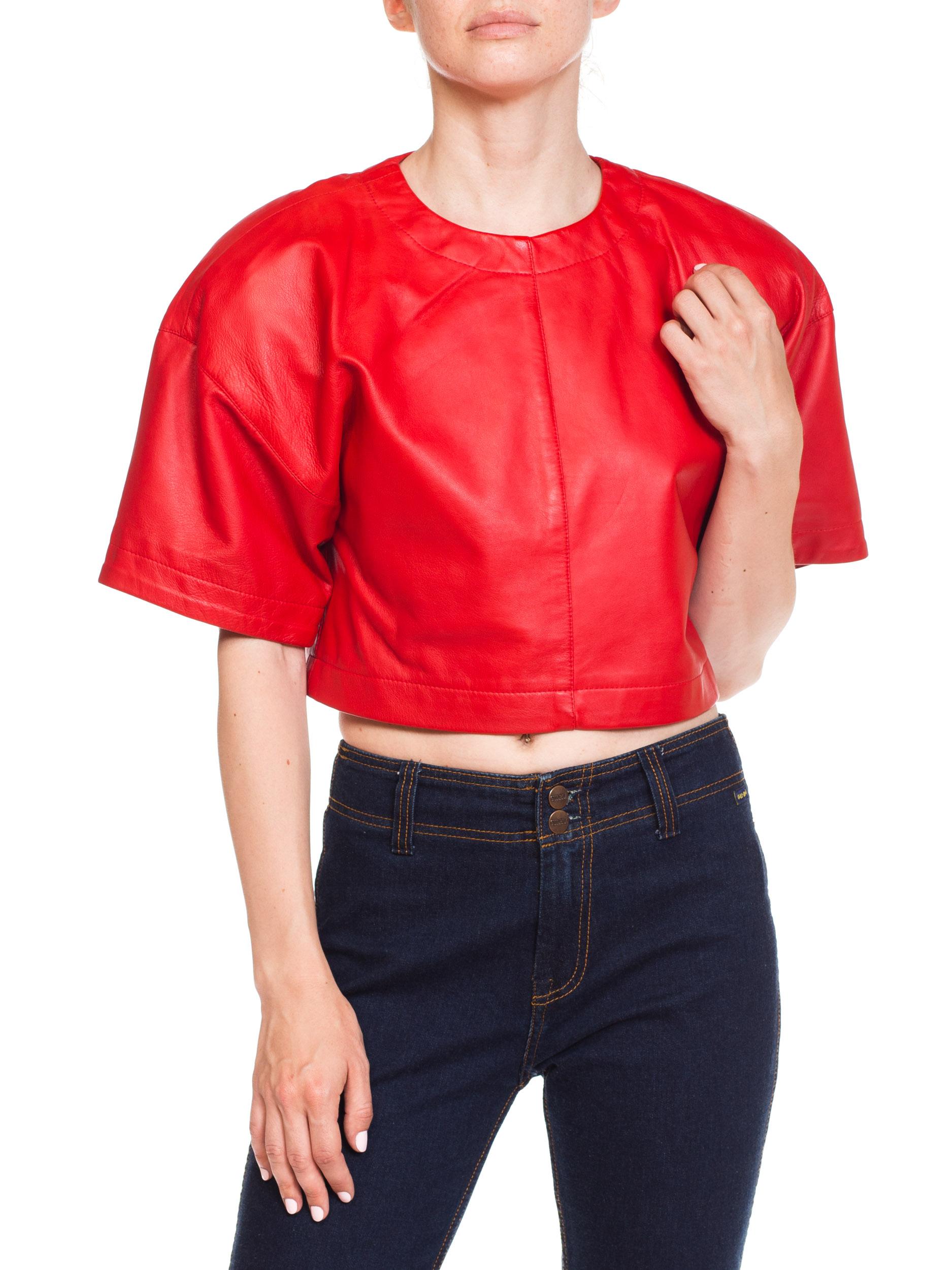 1980s Red Leather Oversized Crop Top 5