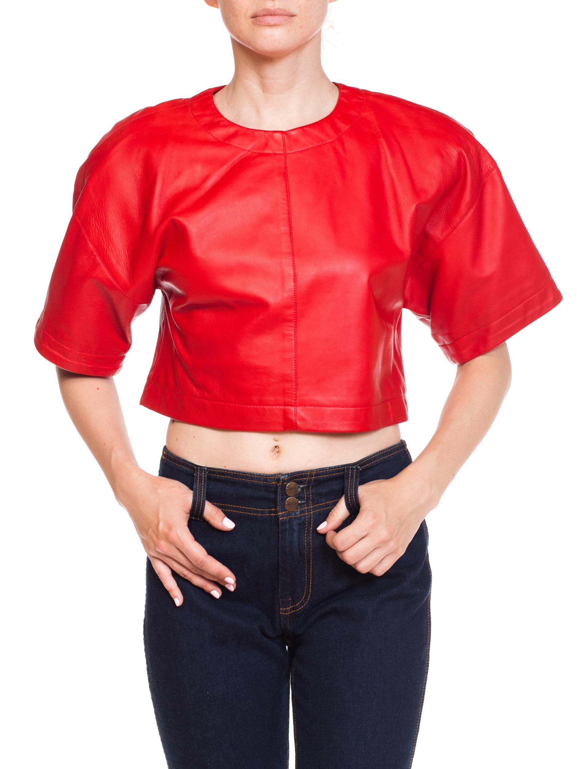 1980s Red Leather Oversized Crop Top 6
