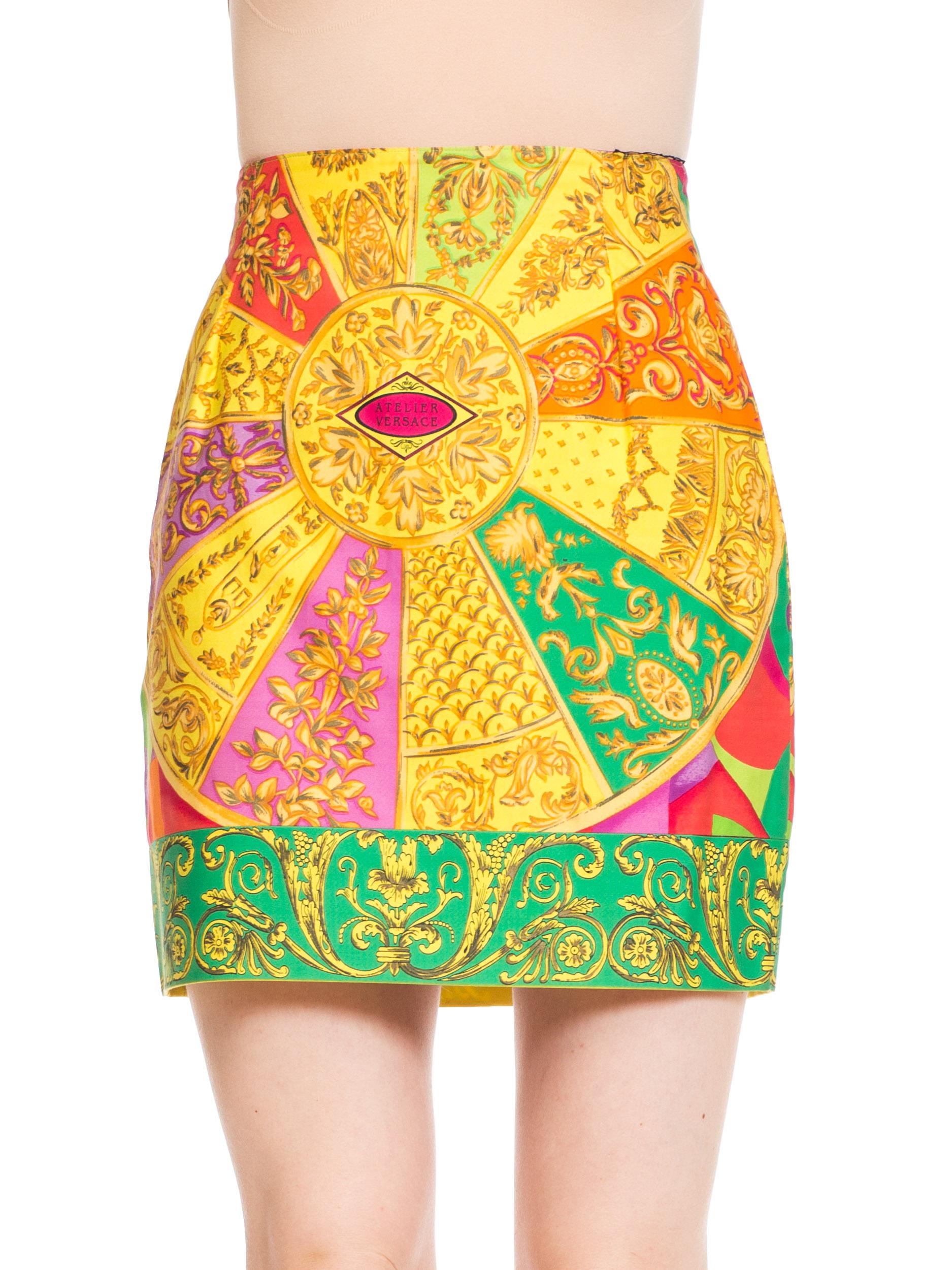 1990S GIANNI VERSACE Bright Multicolor Cotton Baroque Printed High-Waisted Mini 1