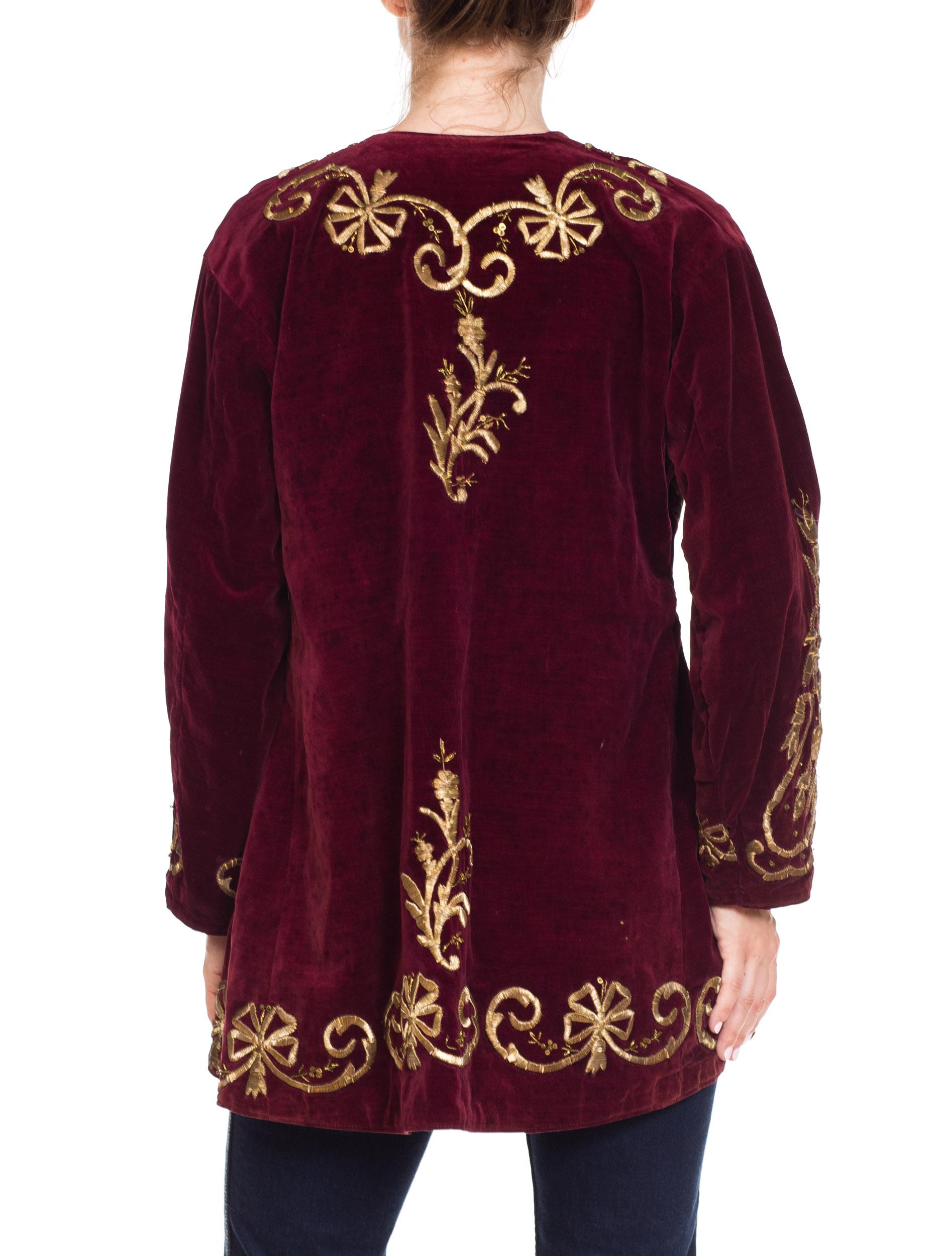 Women's or Men's 1920S Cranberry Red Cotton Velvet Antique Patina Jacket From Afghanistan With S