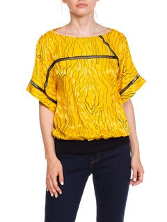 1980S NINA RICCI Black & Yellow Silk Jaquard Squiggle Print T-Shirt Blouse
