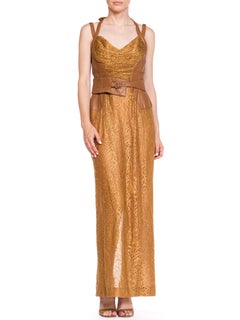 2000S VERSACE Karamellbraune Seidenspitze & Leder 2001 Bondage Strap Gown