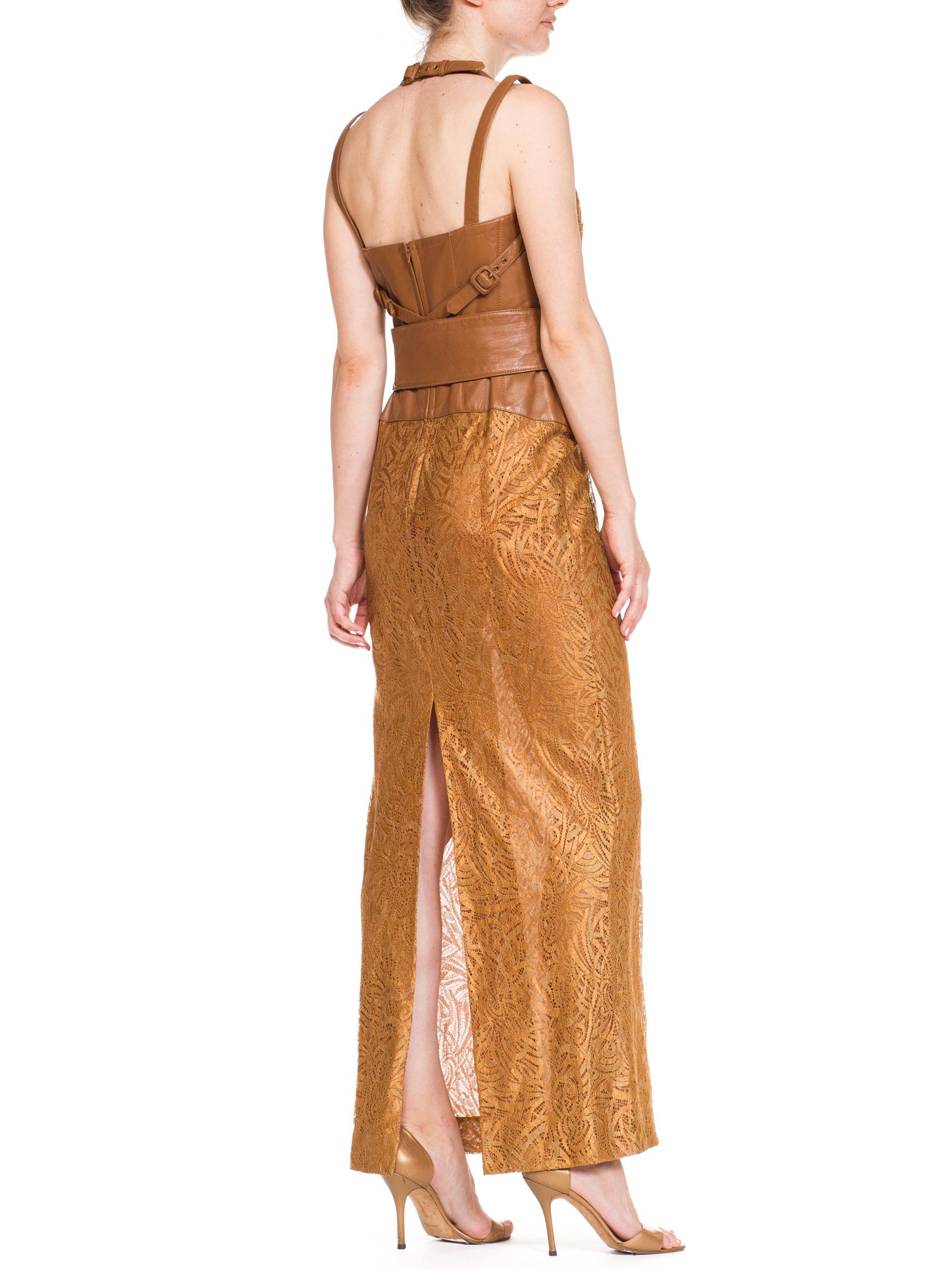 2000S VERSACE Caramel Brown Silk Lace & Leather 2001 Bondage Strap Gown In Excellent Condition In New York, NY