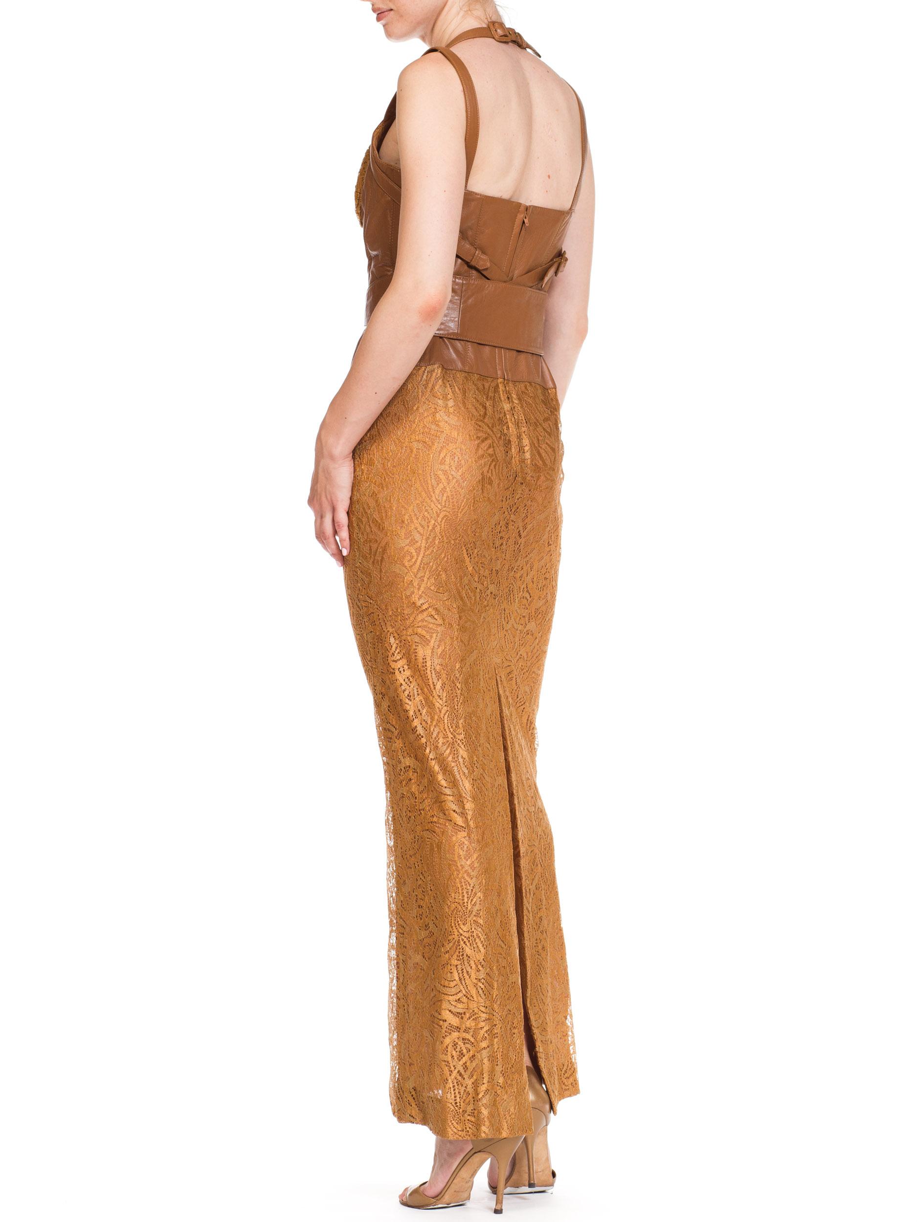 2000S VERSACE Caramel Brown Silk Lace & Leather 2001 Bondage Strap Gown 1