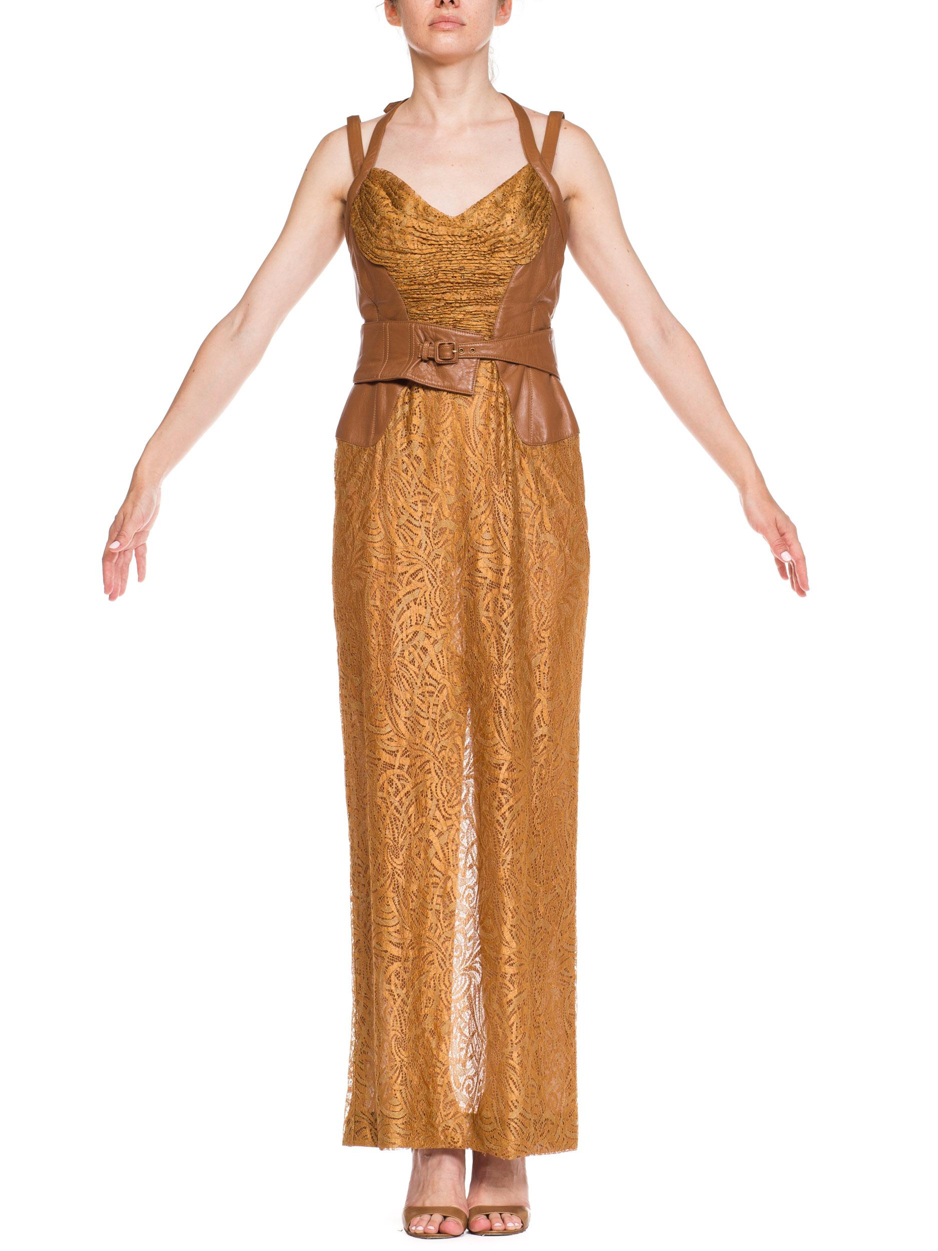2000S VERSACE Caramel Brown Silk Lace & Leather 2001 Bondage Strap Gown 9