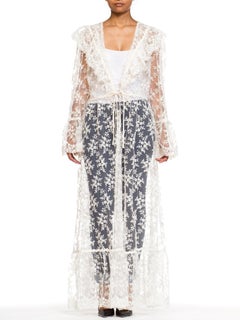 1970S White Sheer Polyester Lace Victorian Style Boho Duster