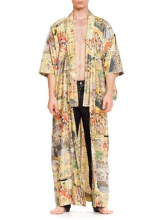 1970s Japanese Samurai Print Cotton Mens Kimono