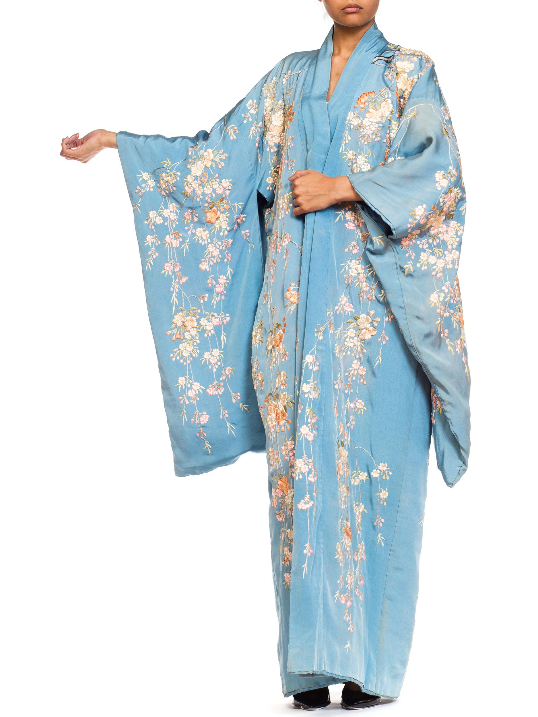 Blue Antique Edwardian Floral Embroidered Japanese Kimono