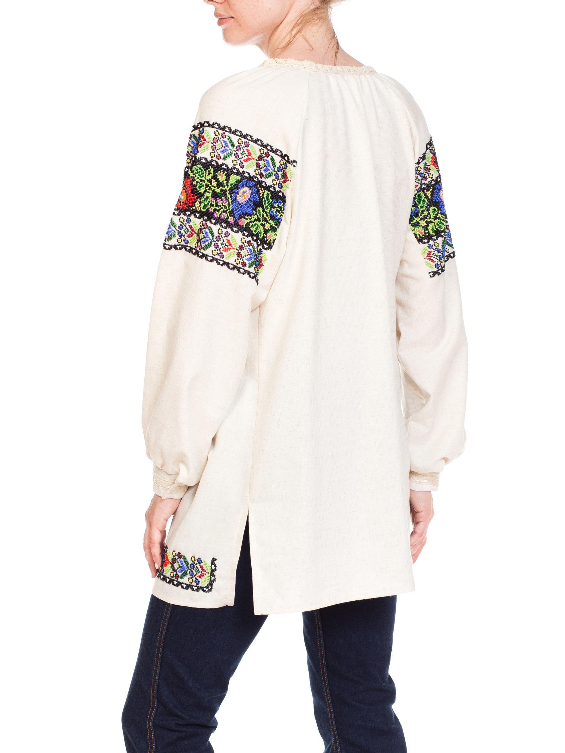 1950S Multicolor Hand Beaded Cotton Romanian Boho Folkloric Top In Excellent Condition For Sale In New York, NY