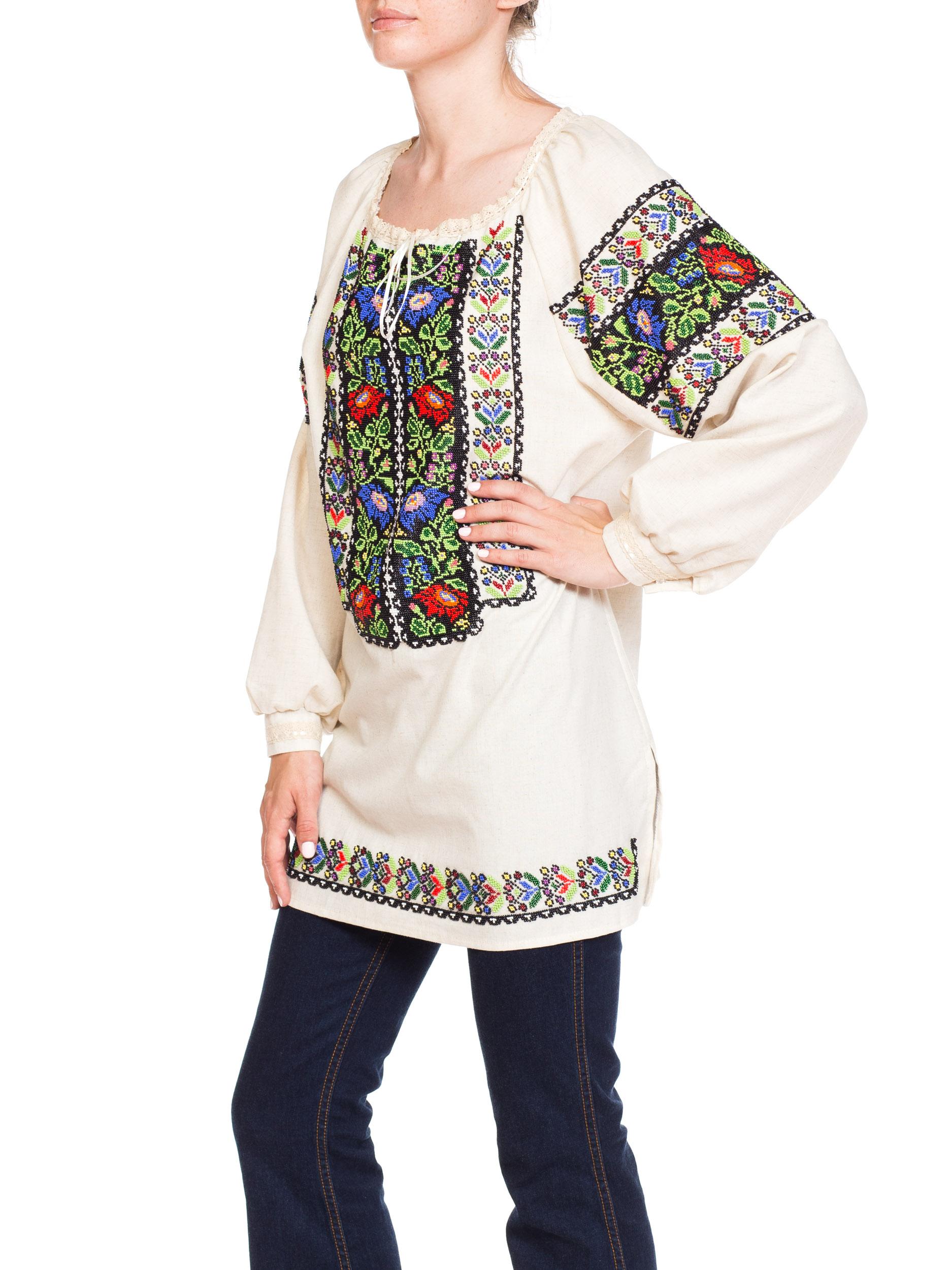 Women's 1950S Multicolor Hand Beaded Cotton Romanian Boho Folkloric Top For Sale