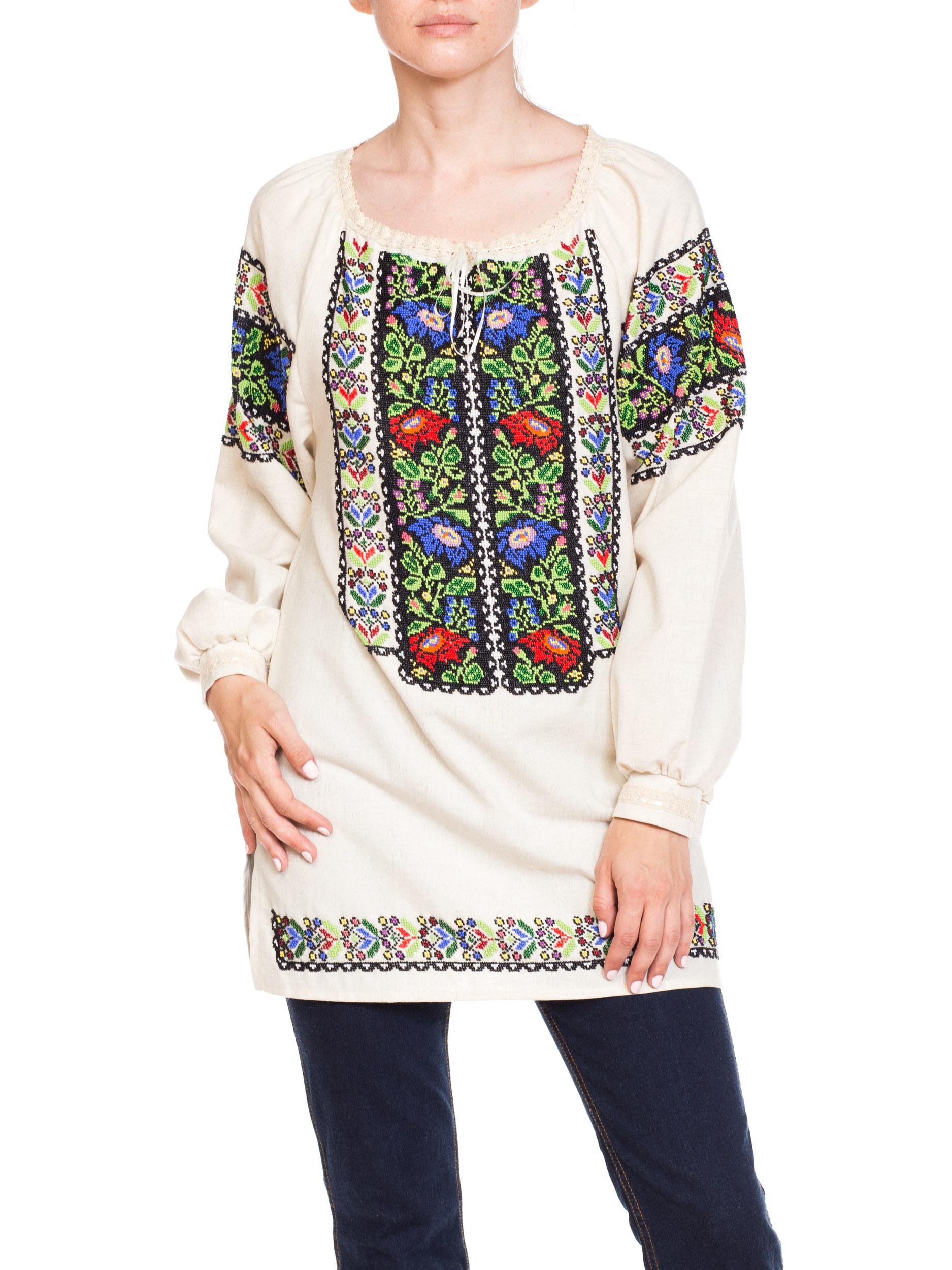 1950S Multicolor Hand Beaded Cotton Romanian Boho Folkloric Top For Sale 2