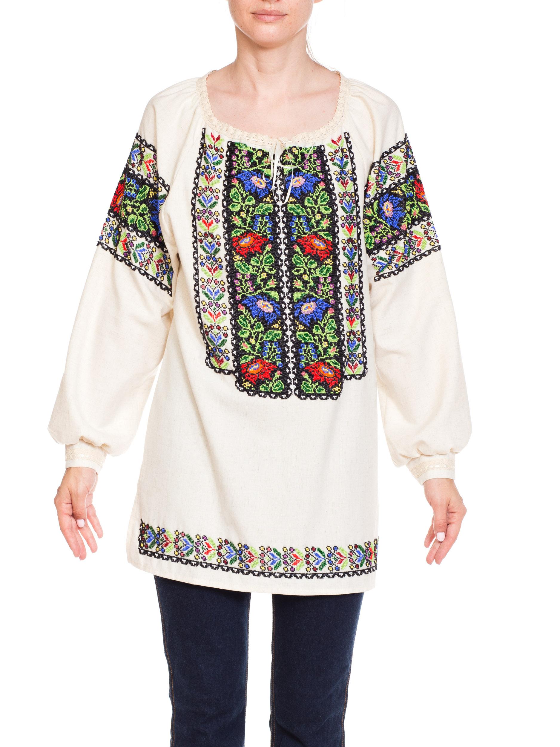 1950S Multicolor Hand Beaded Cotton Romanian Boho Folkloric Top For Sale 5