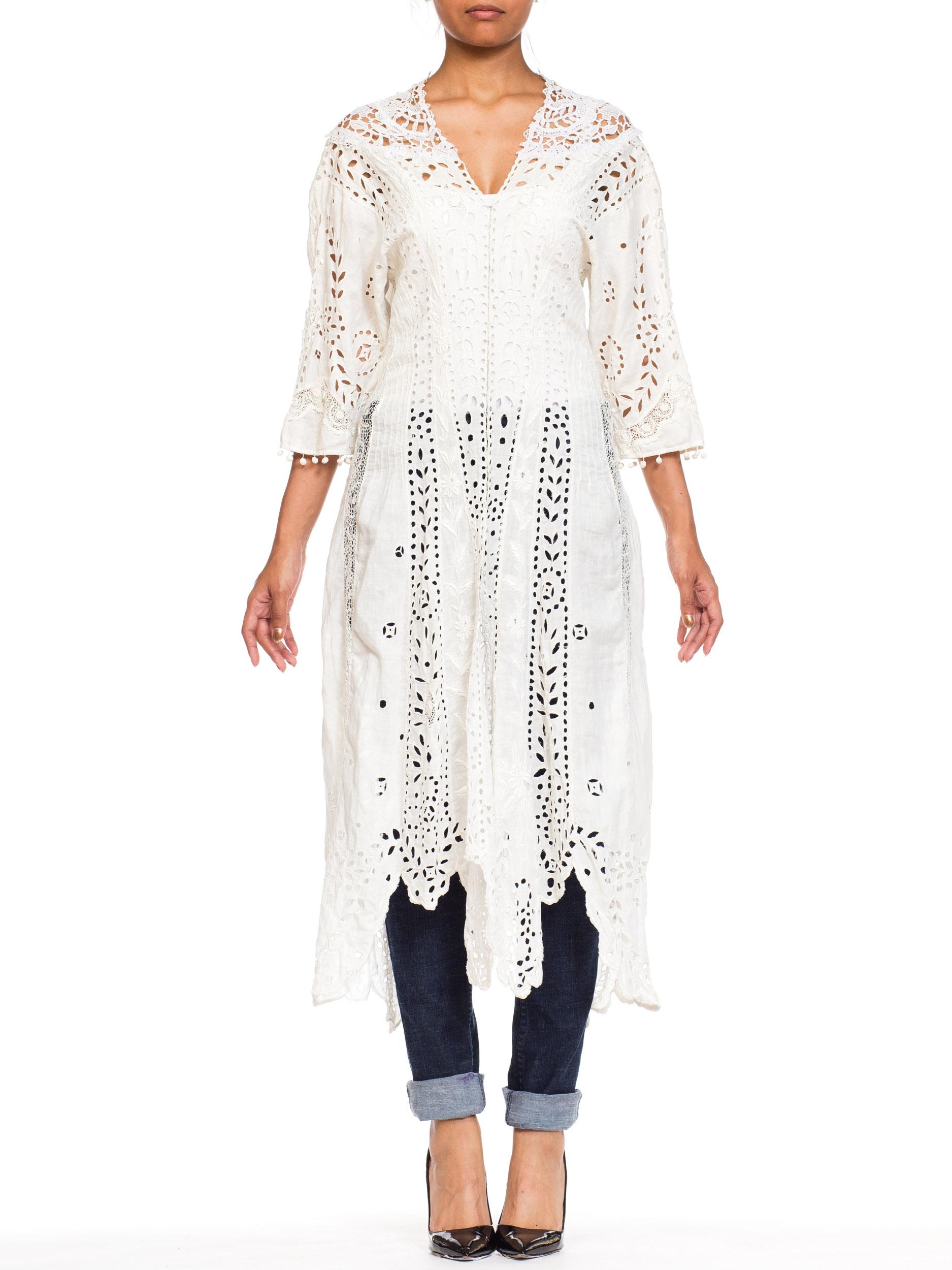 1890S White Victorian Linen & Cotton Hand Made Eyelet Irish Crochet Lace Duster Dress
