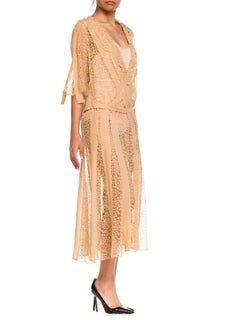 1920S Beige Silk & Lace Dress With Art Deco Appliqué Design Slip, XL