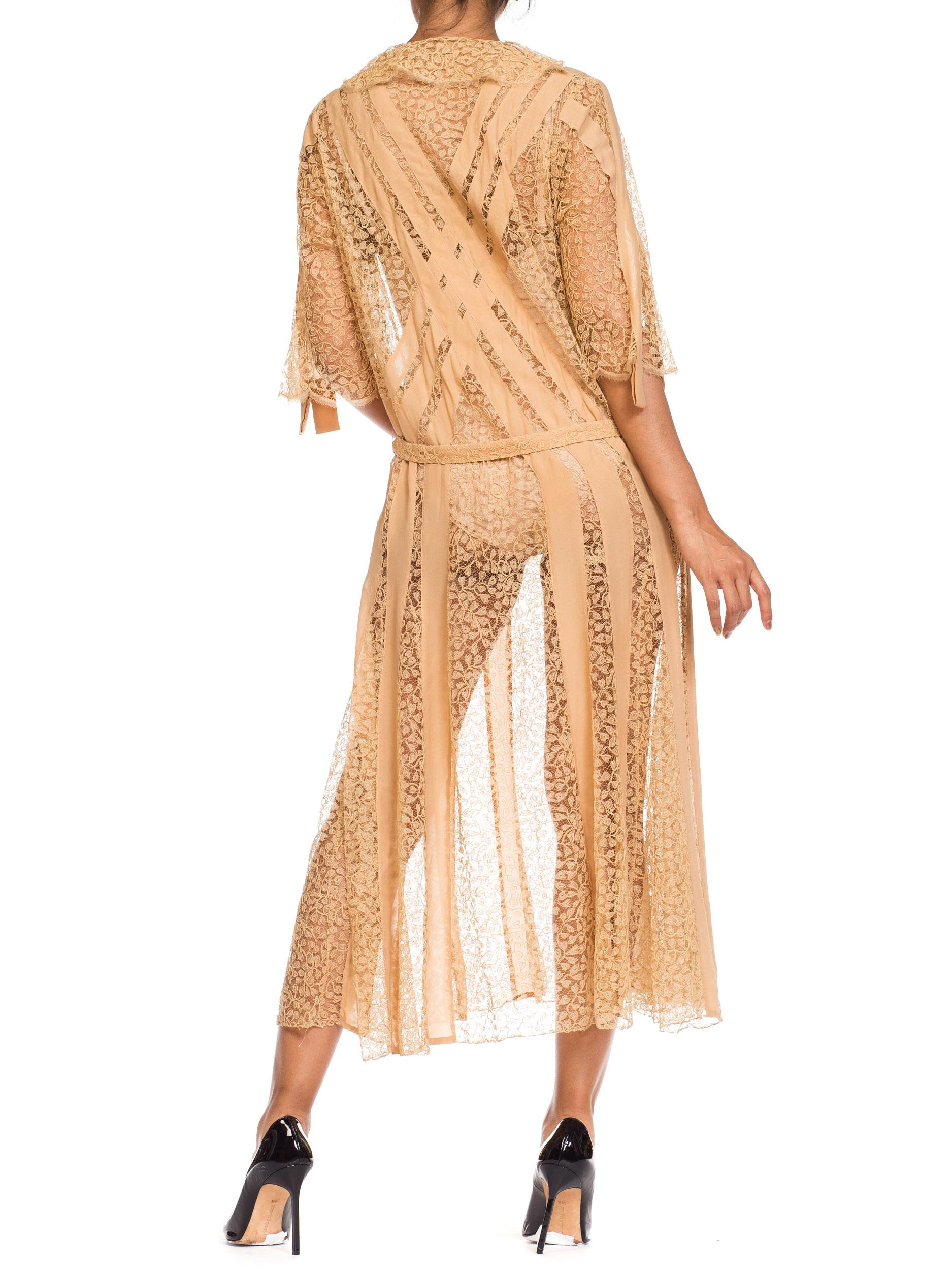 Orange 1920S Beige Silk & Lace Dress With Art Deco Appliqué Design Slip, XL For Sale