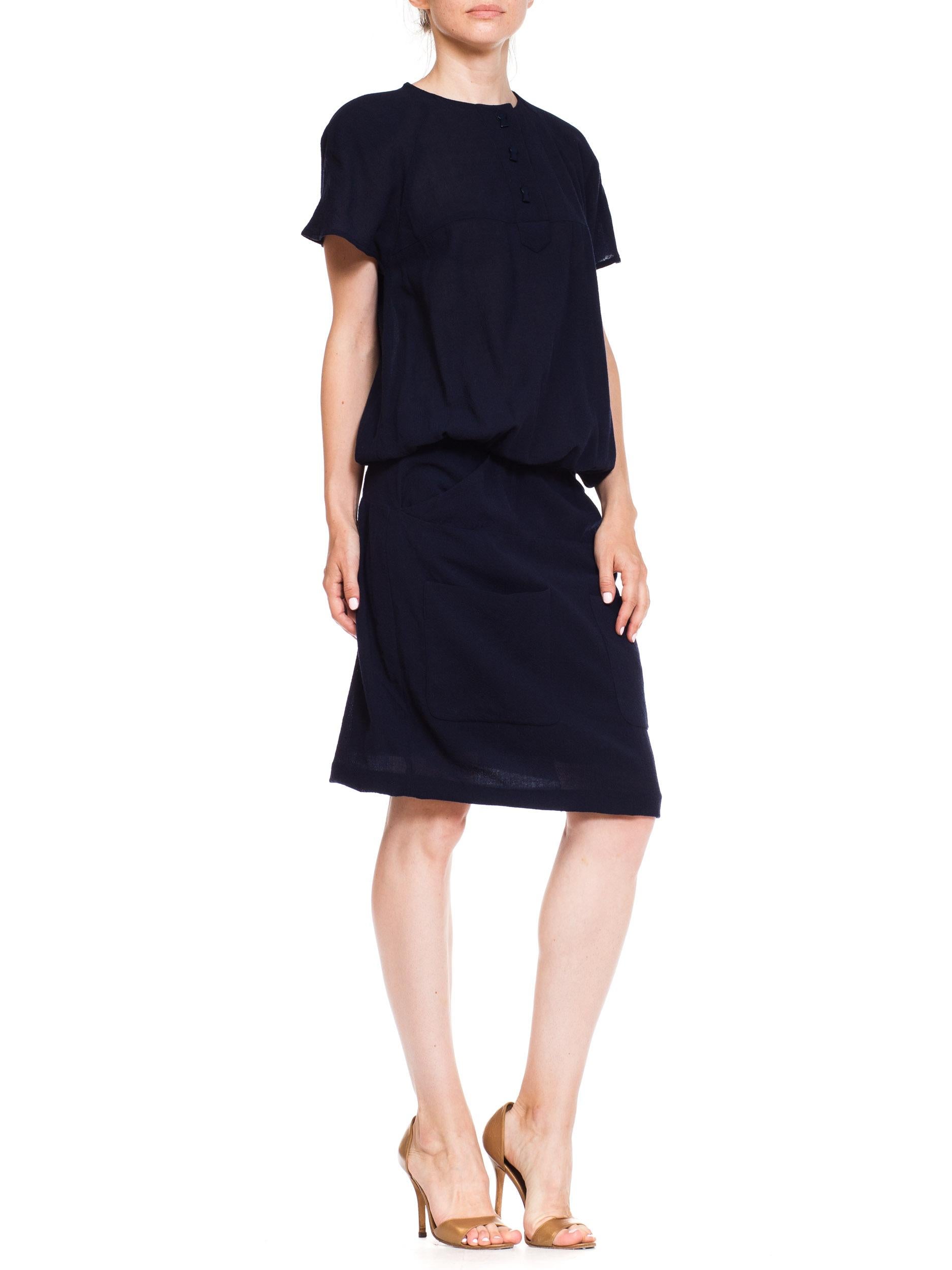 Women's 1980s Karl Lagerfeld Navy Blue Crepe Dress With Key Hole Buttons