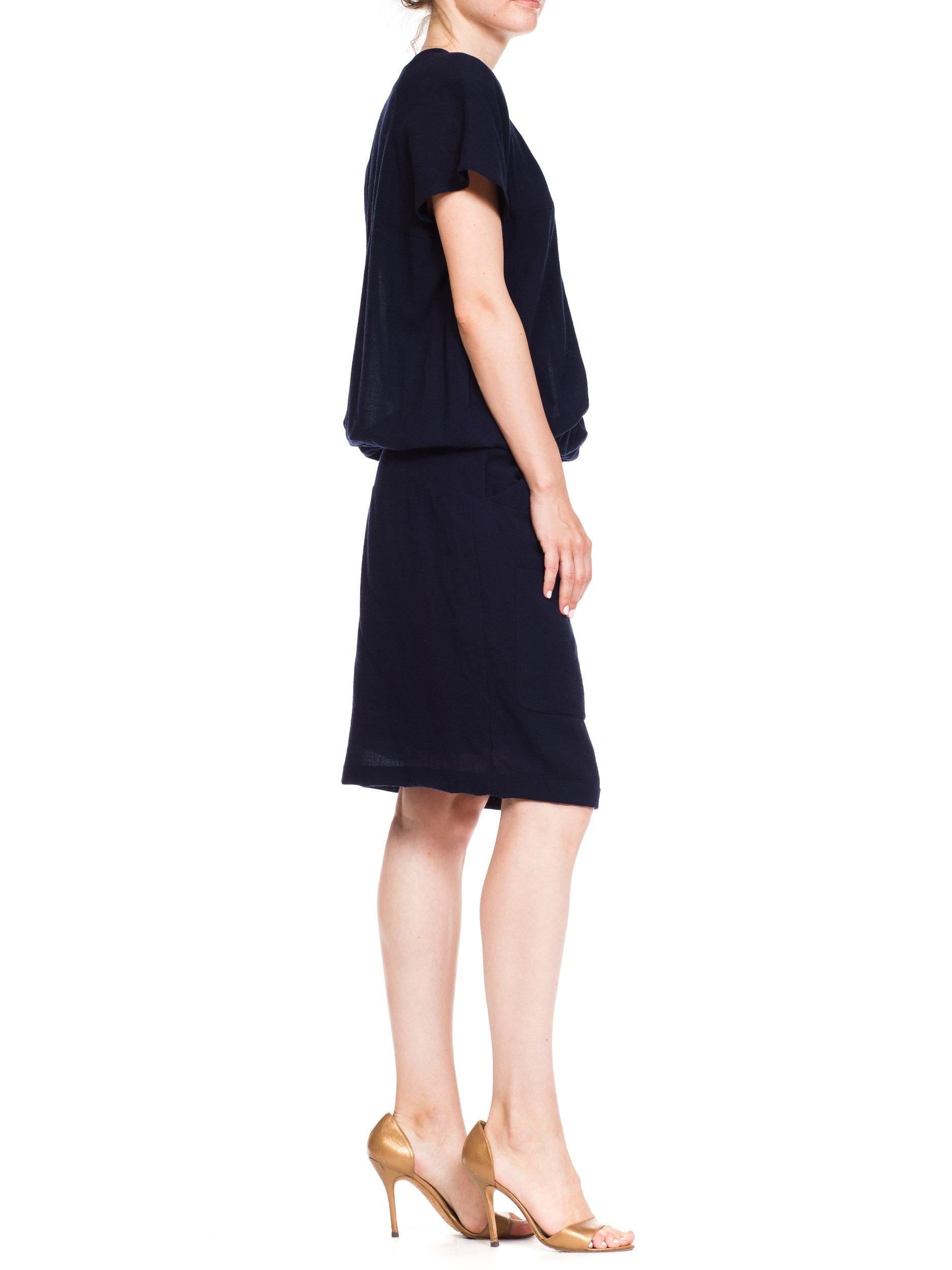 1980s Karl Lagerfeld Navy Blue Crepe Dress With Key Hole Buttons 1