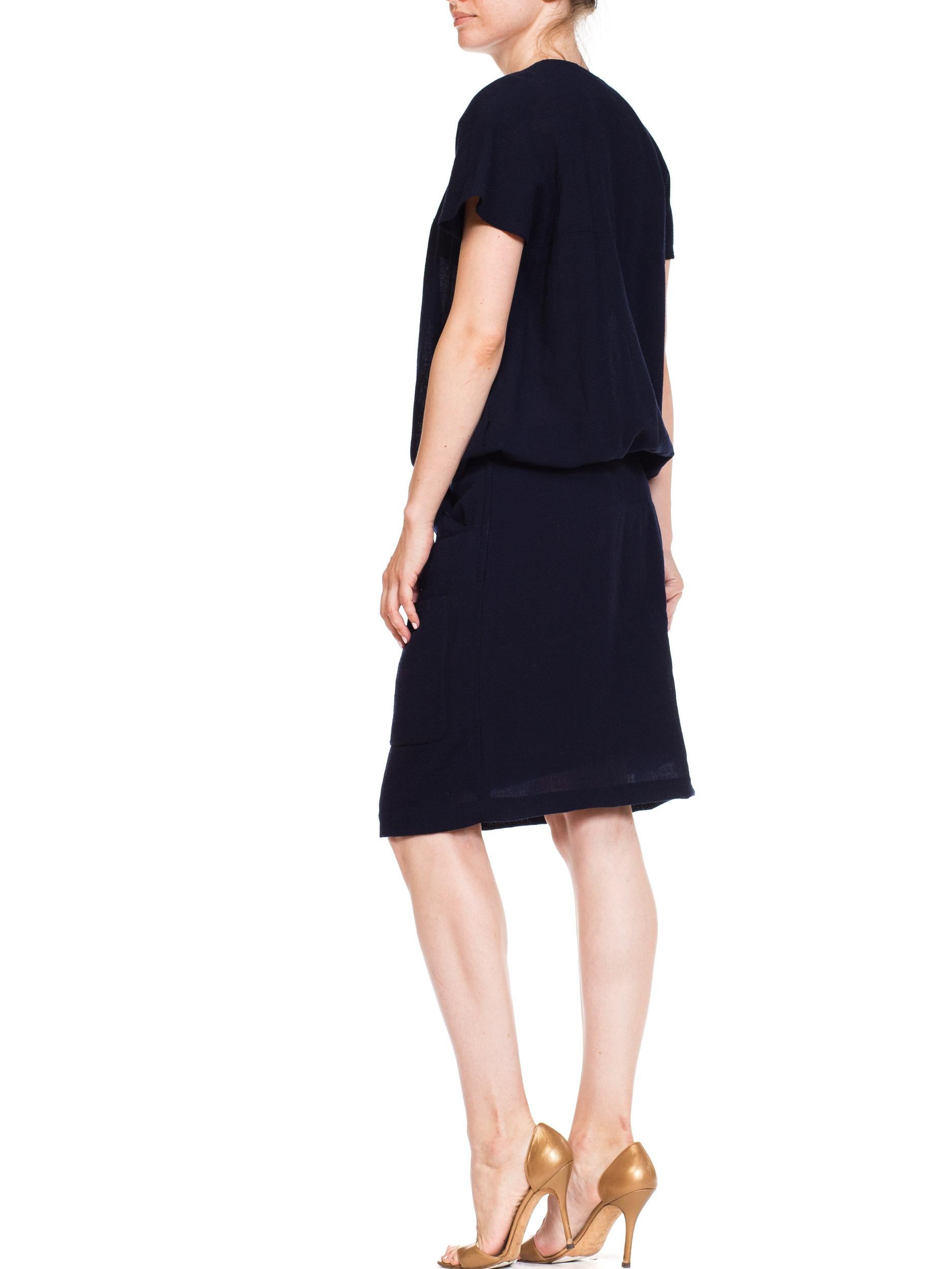 1980s Karl Lagerfeld Navy Blue Crepe Dress With Key Hole Buttons 3