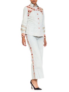 1970s Cavalli Style Denim Suit With Floral Ribbon