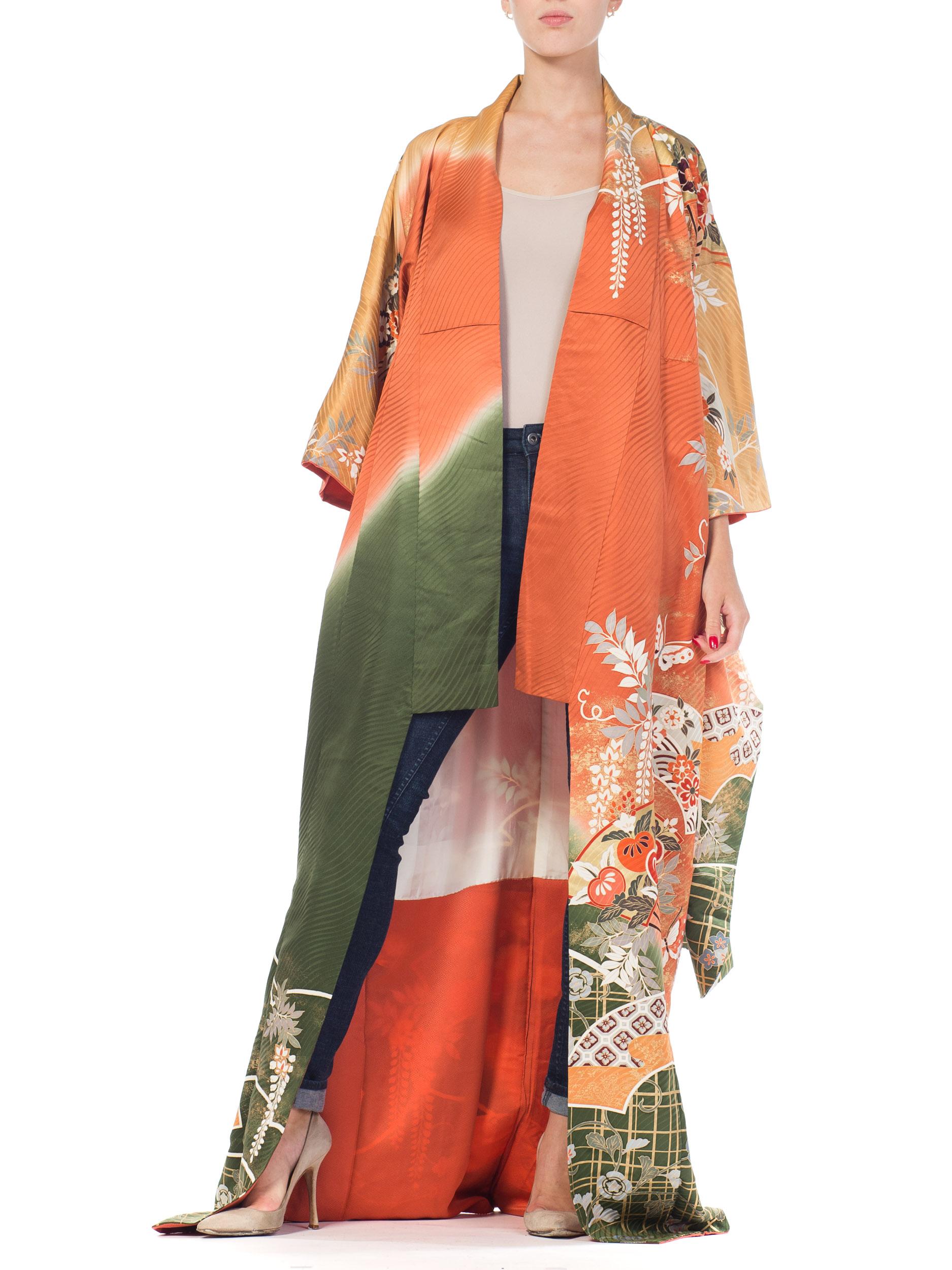 1970S Japanischer Blumendruck mit Fächern  Kimono (Orange) im Angebot