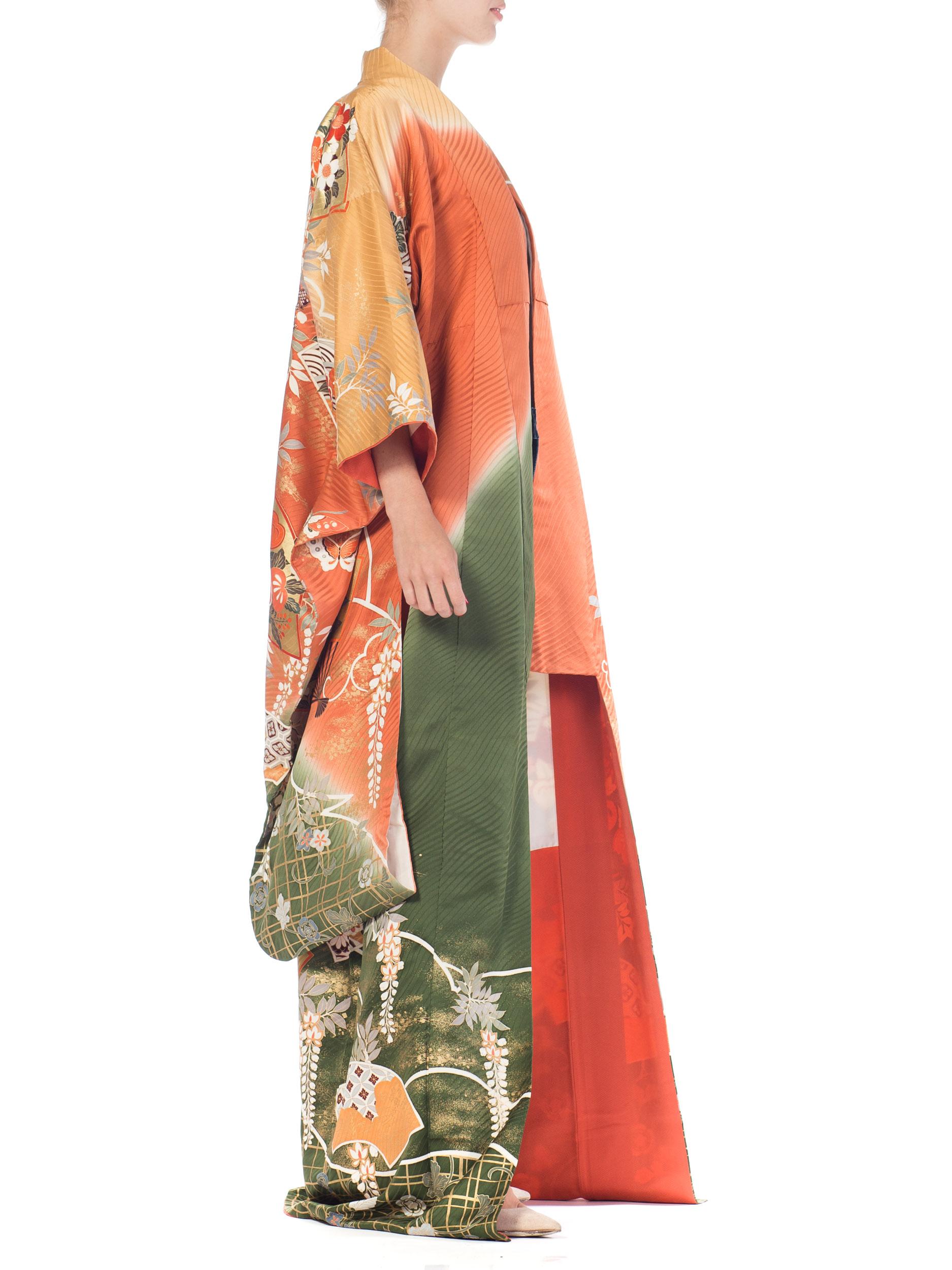 Orange 1970S Floral Japanese Print With Fans  Kimono For Sale