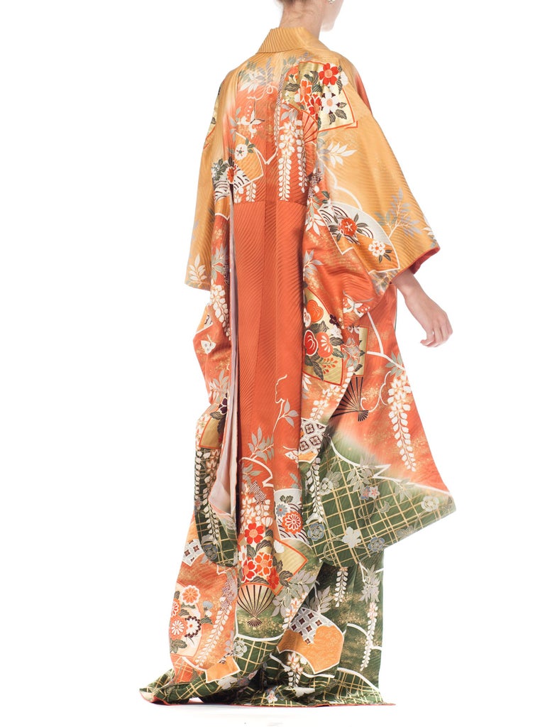 Abundant Floral Japanese Kimono With Wisteria and Fans For Sale at 1stdibs
