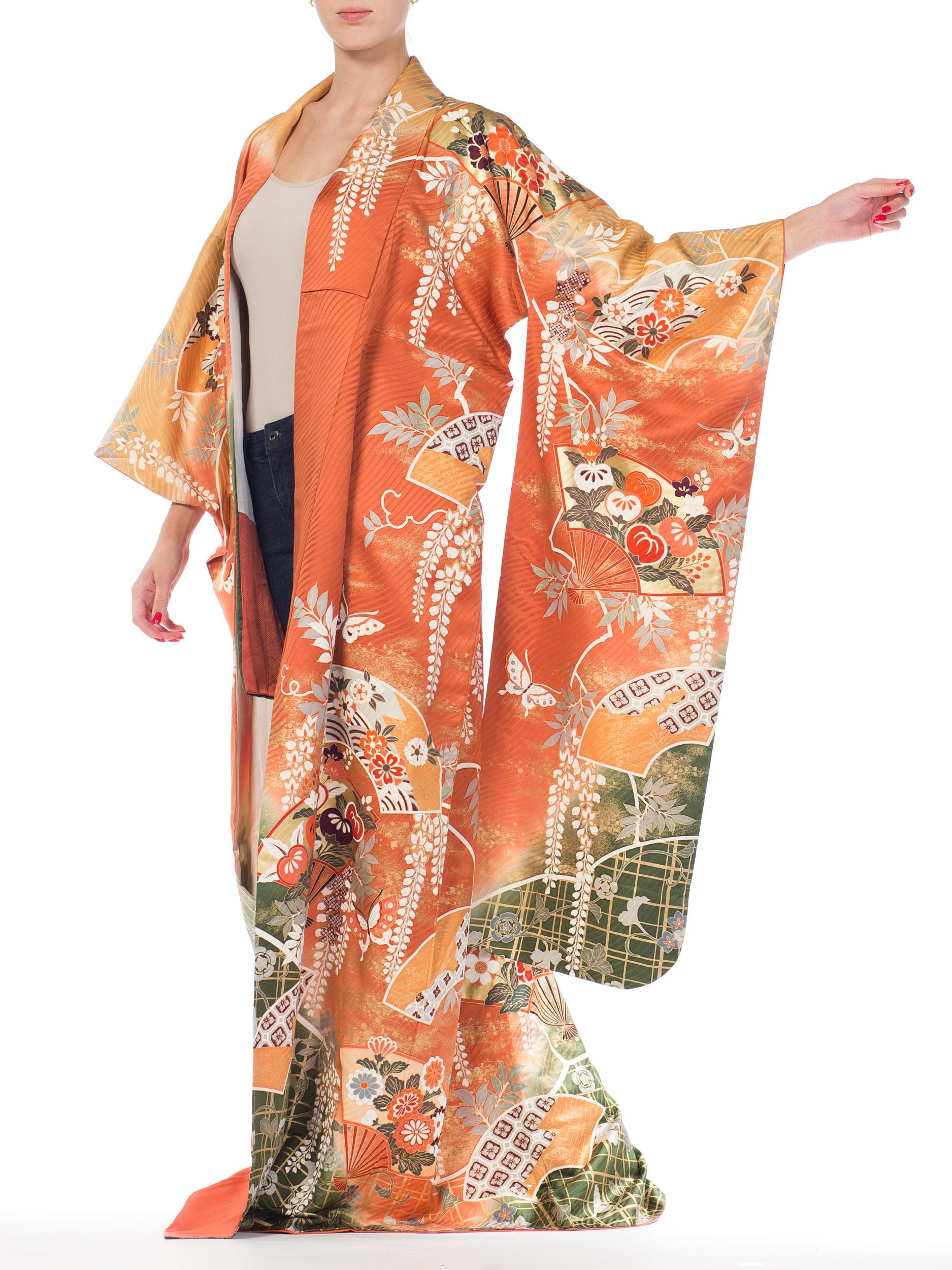 1970S Japanischer Blumendruck mit Fächern  Kimono im Angebot 6