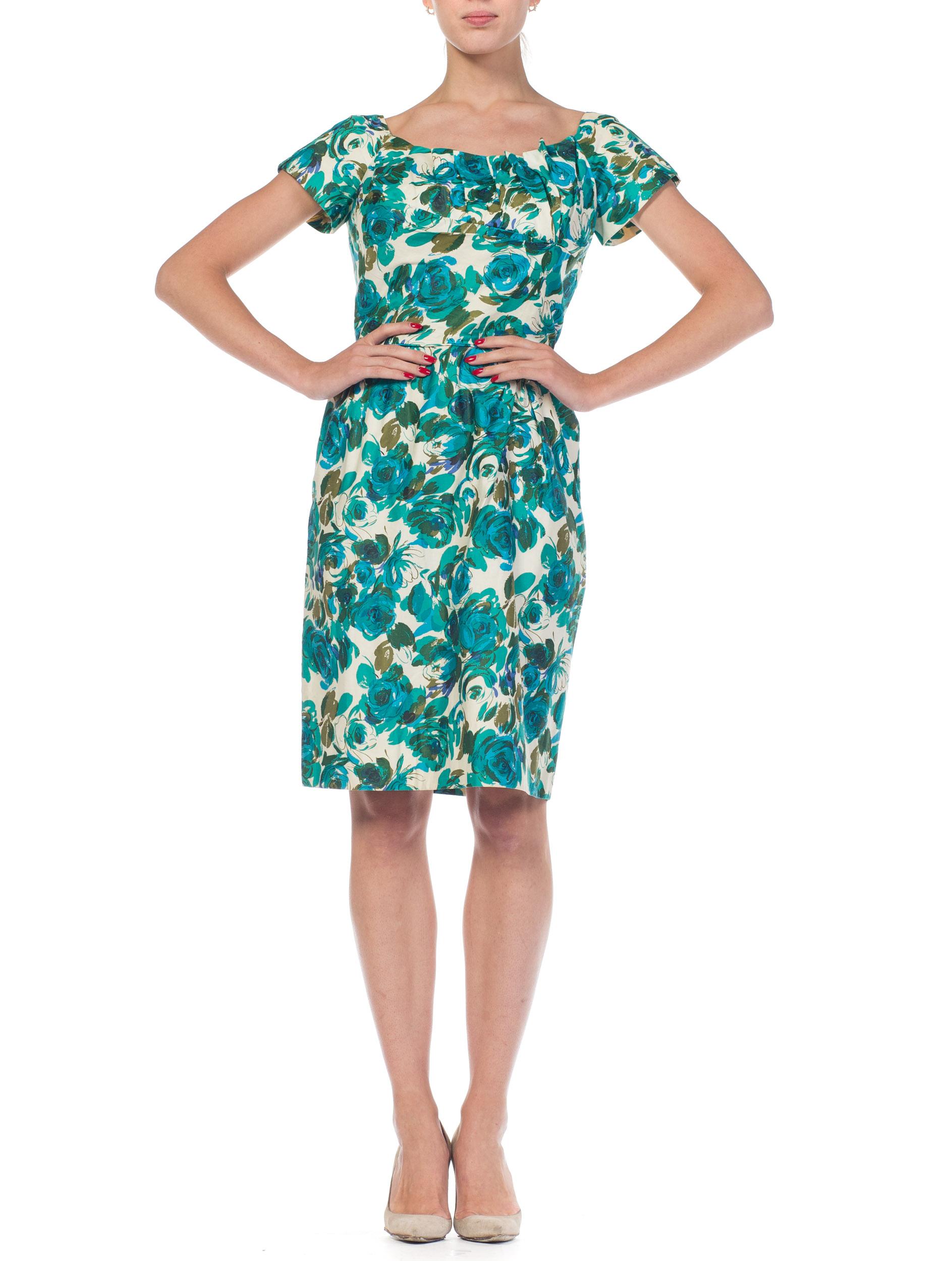 1950S Teal Floral Print Cotton Draped Bodice Dress With Cap Sleeves In Excellent Condition For Sale In New York, NY