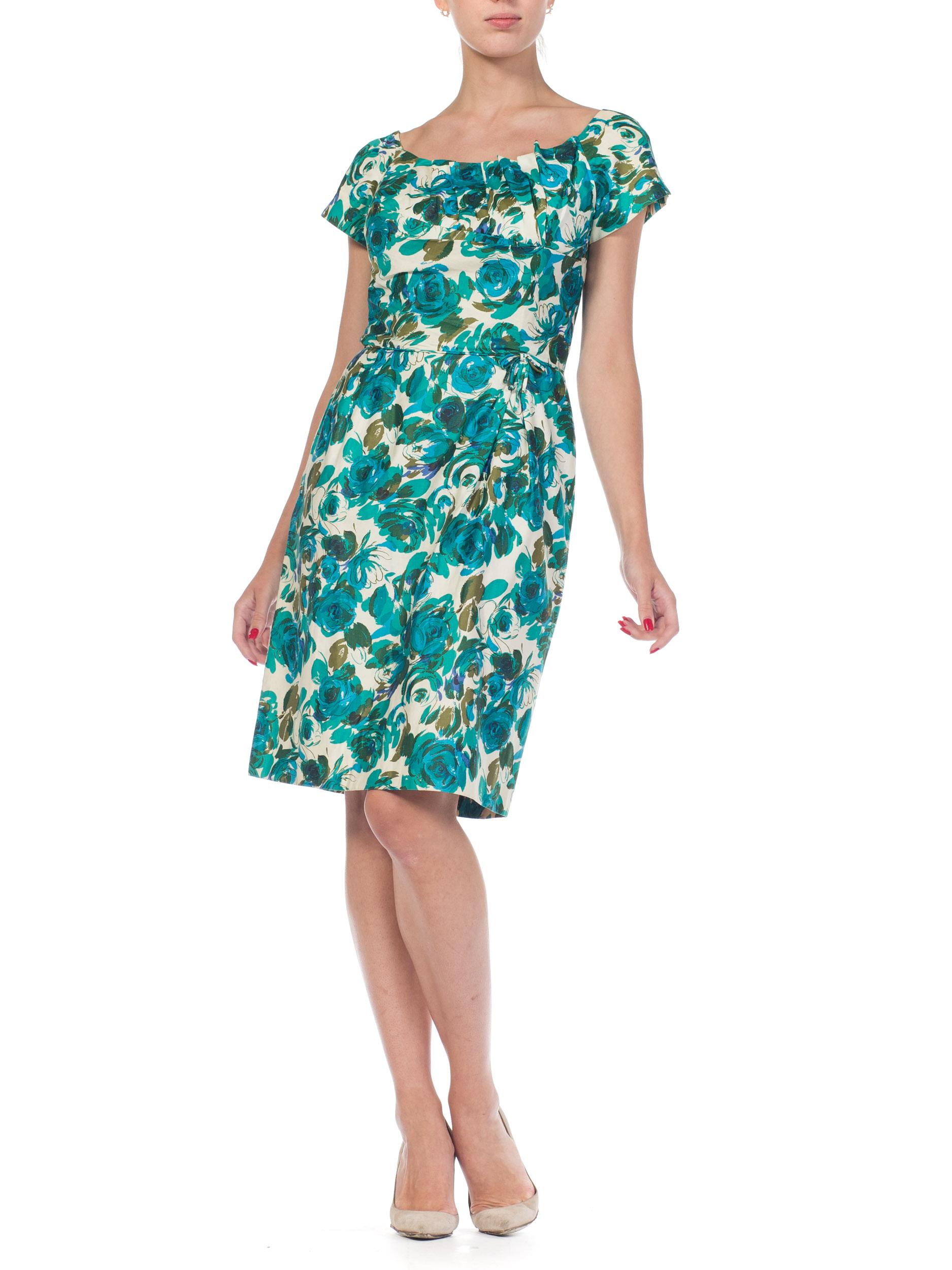 Women's 1950S Teal Floral Print Cotton Draped Bodice Dress With Cap Sleeves For Sale