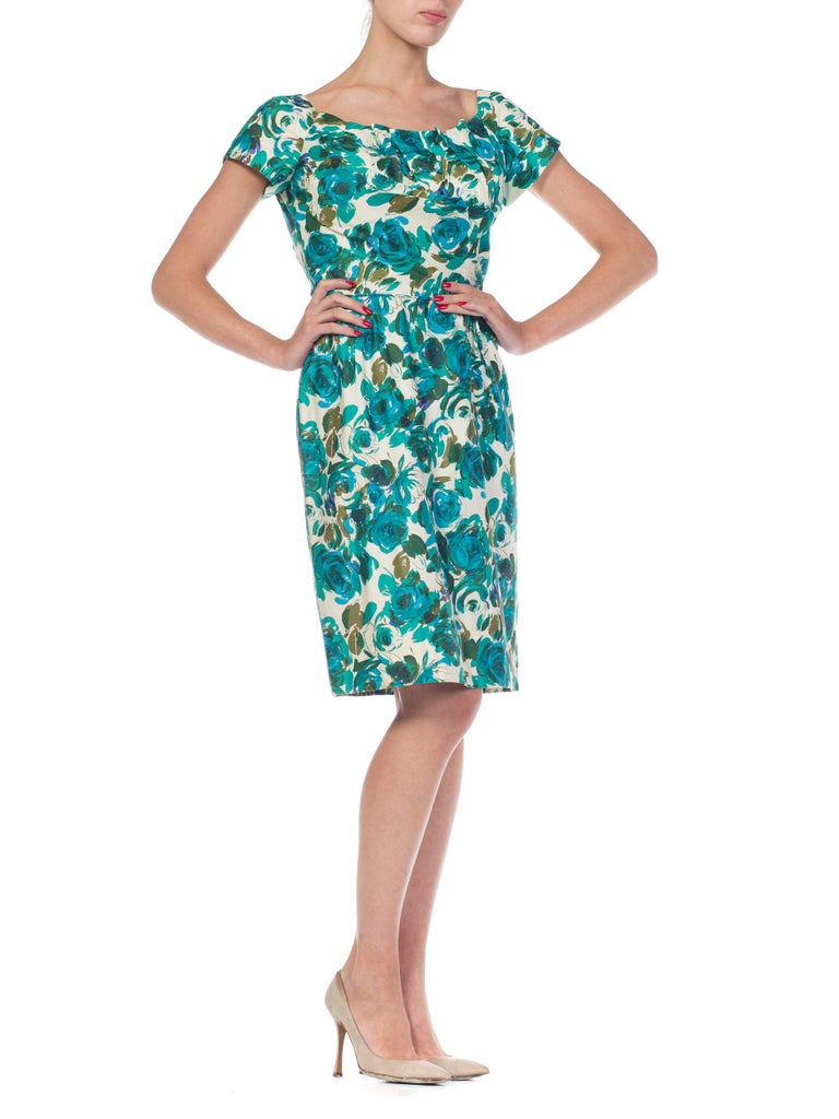 1950S Teal Floral Print Cotton Draped Bodice Dress With Cap Sleeves For ...