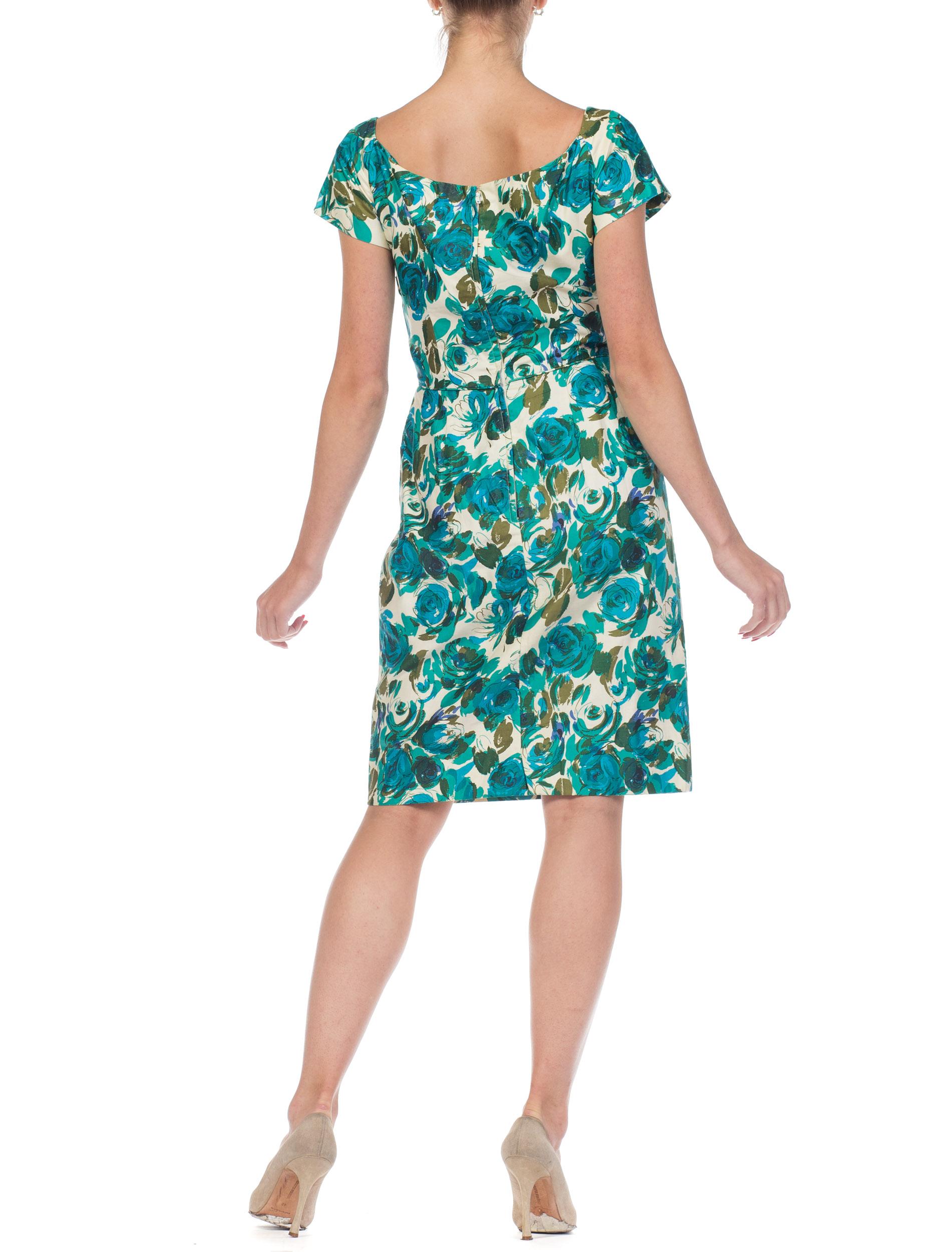 1950S Teal Floral Print Cotton Draped Bodice Dress With Cap Sleeves For Sale 6