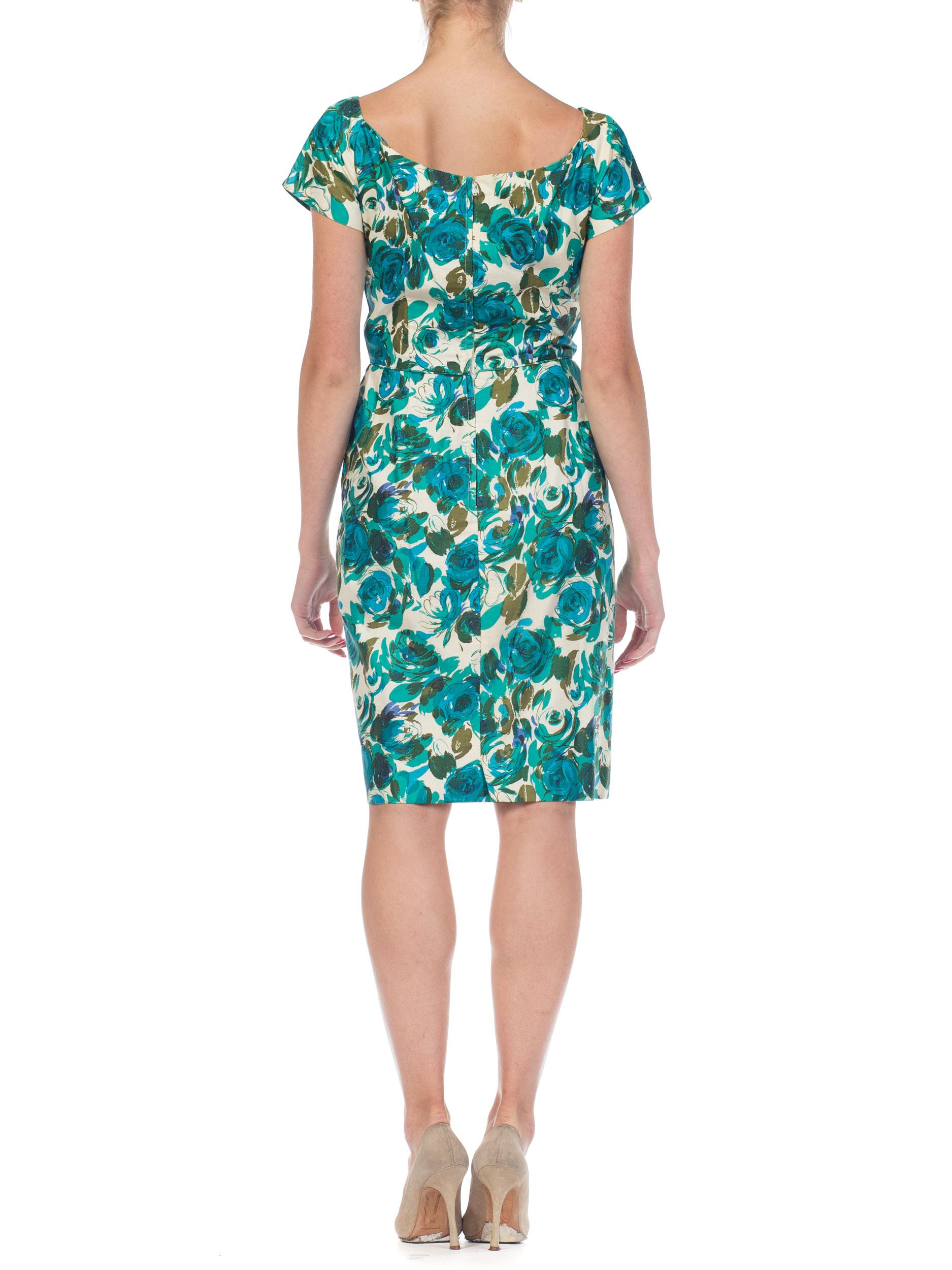 1950S Teal Floral Print Cotton Draped Bodice Dress With Cap Sleeves For Sale 7