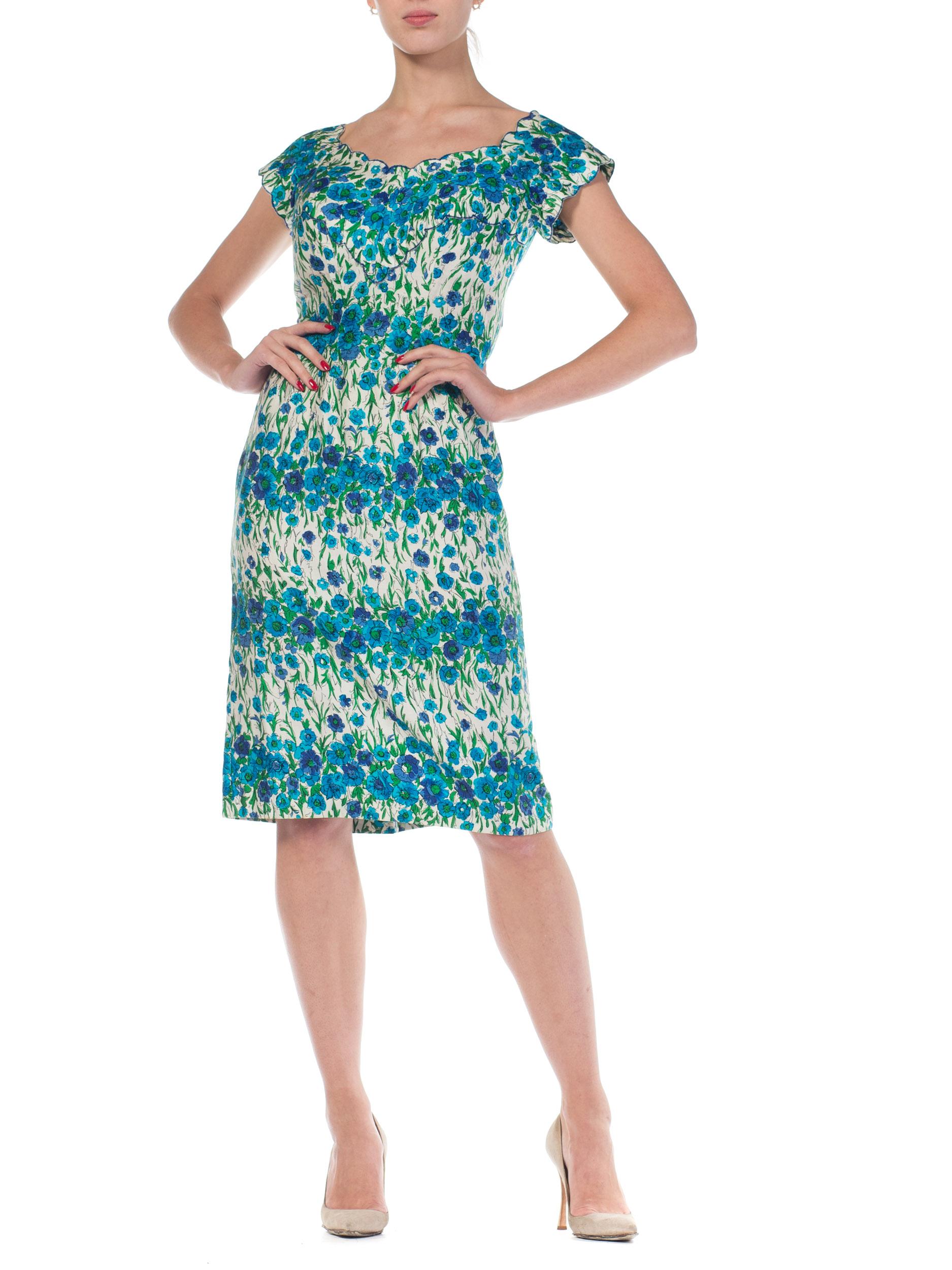 1950S Blue & Green Floral Cotton Alix Of Miami Sexy Ladylike Day Dress In Good Condition For Sale In New York, NY